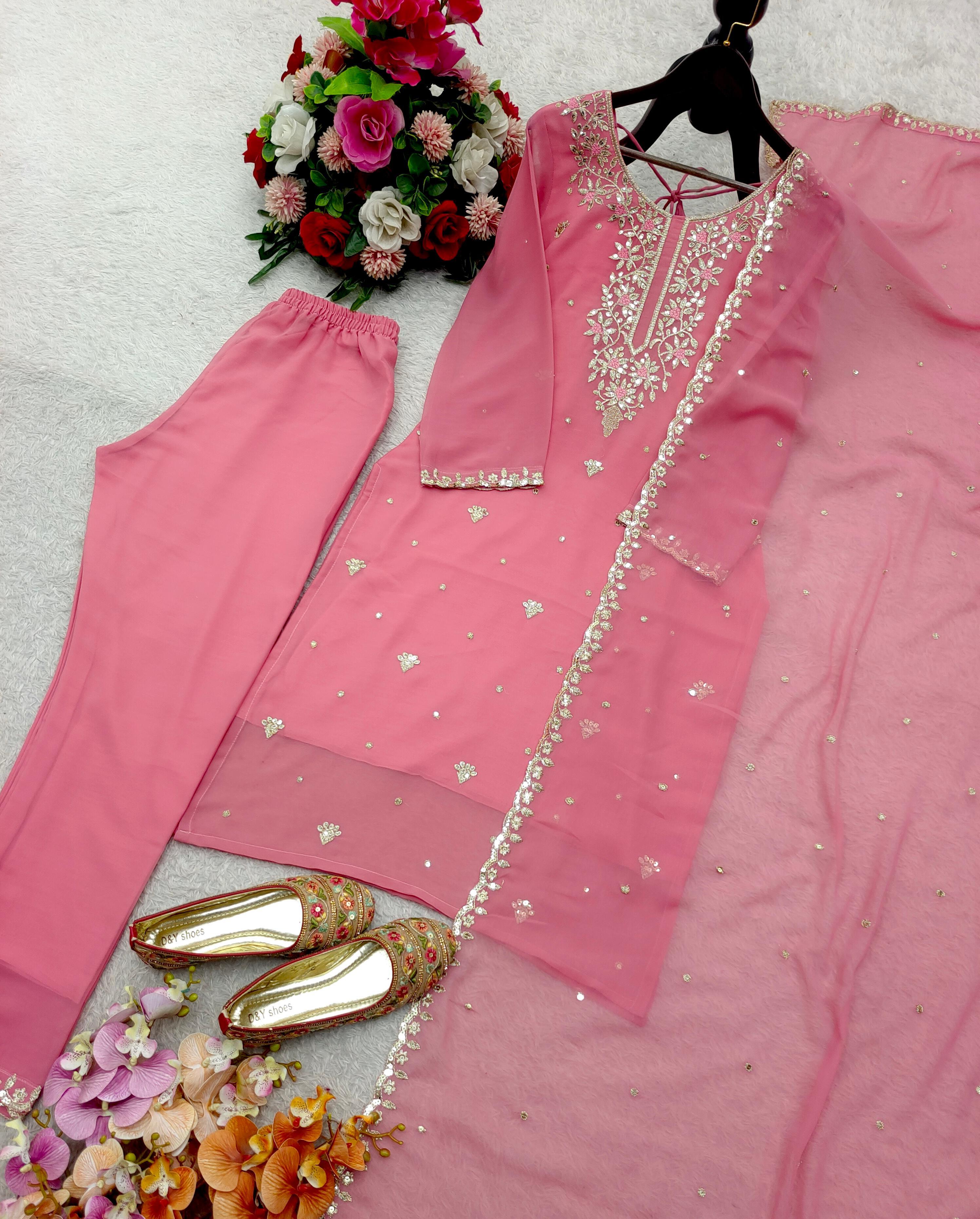 Lovely Pink Georgette Sequence Work Straight Salwar Suit
