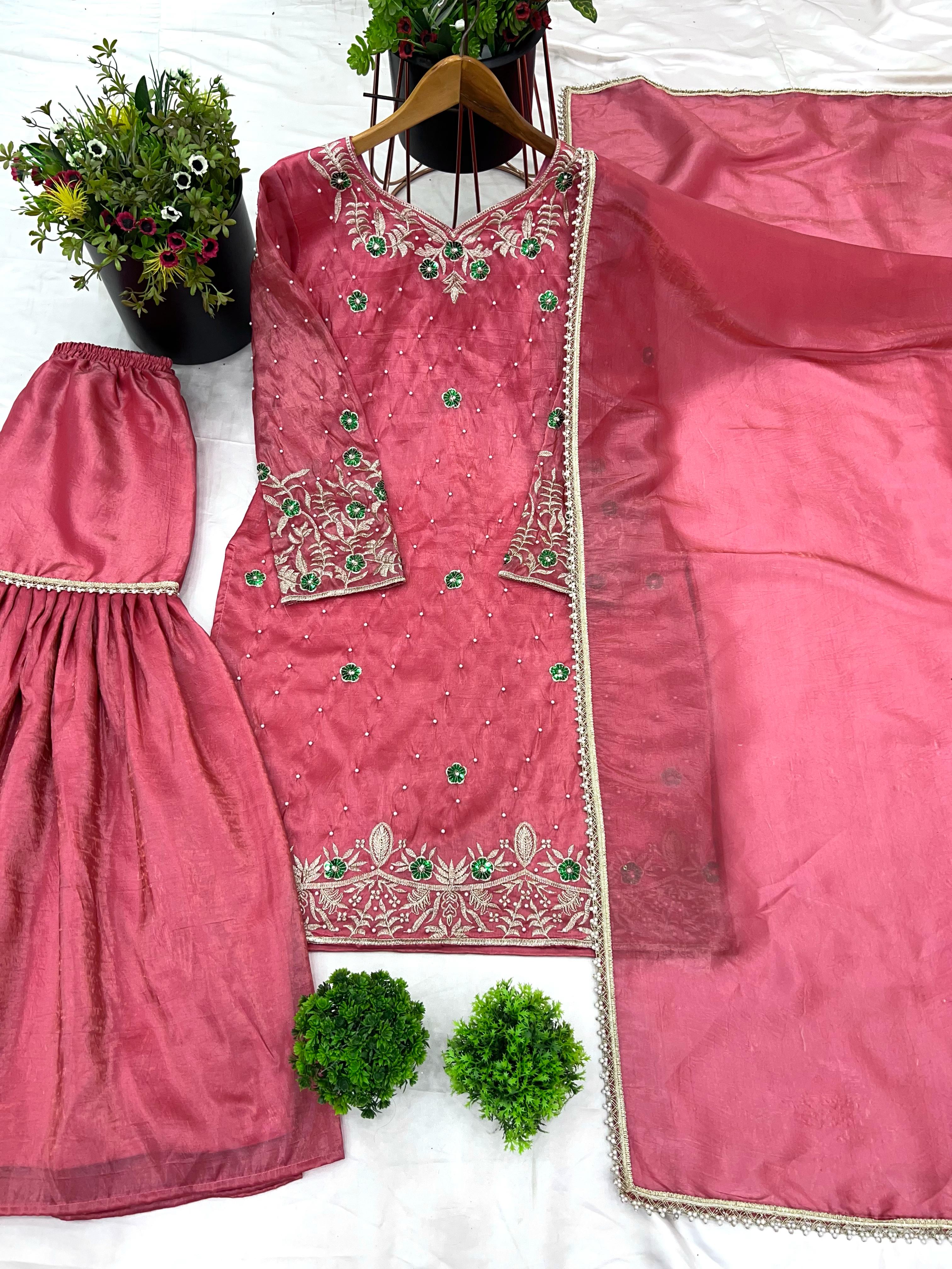 Imposing Sequence Work Pink Color Palazzo Suit
