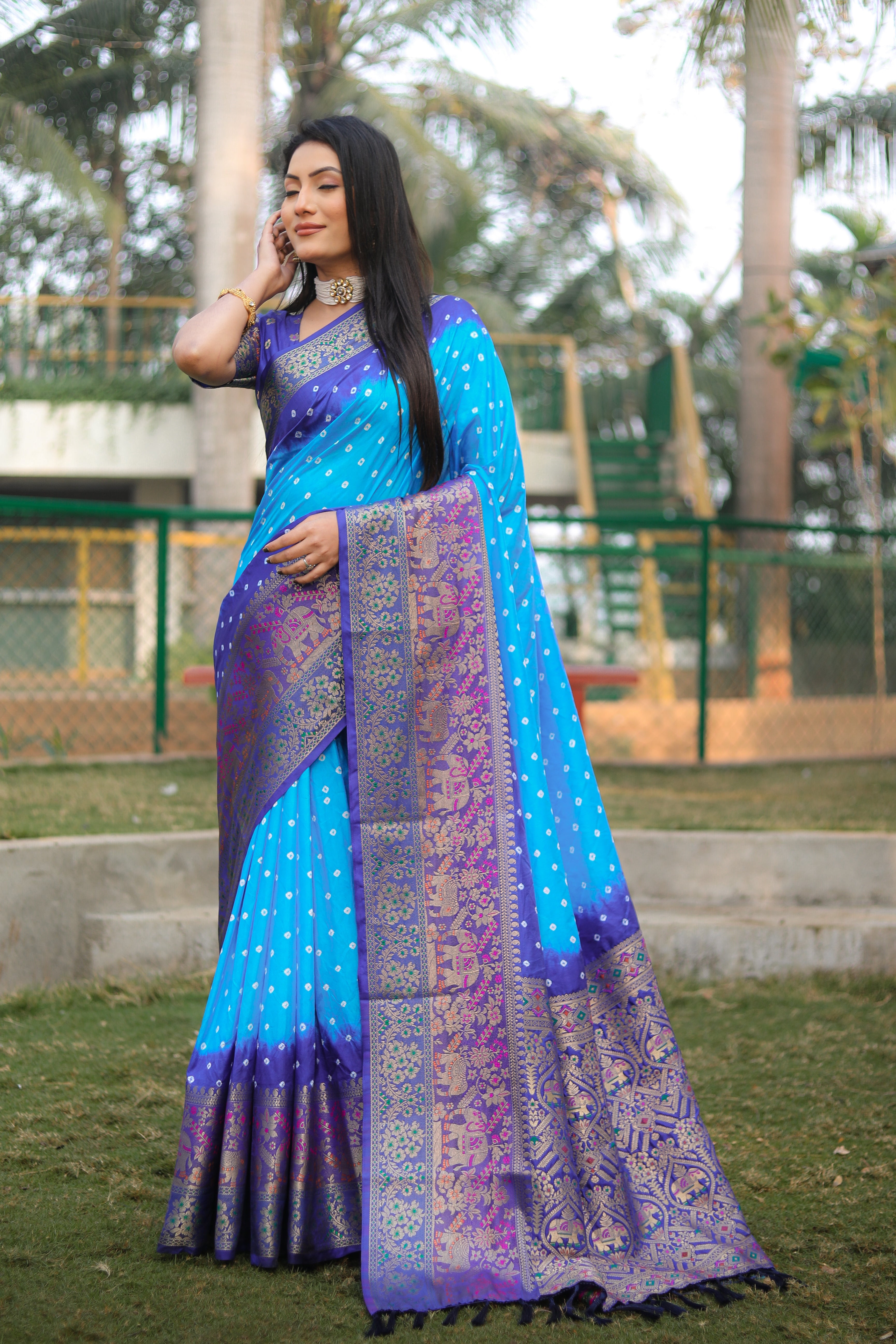 Bandhani Print Purple With Sky Blue Zari Weaving Silk Saree