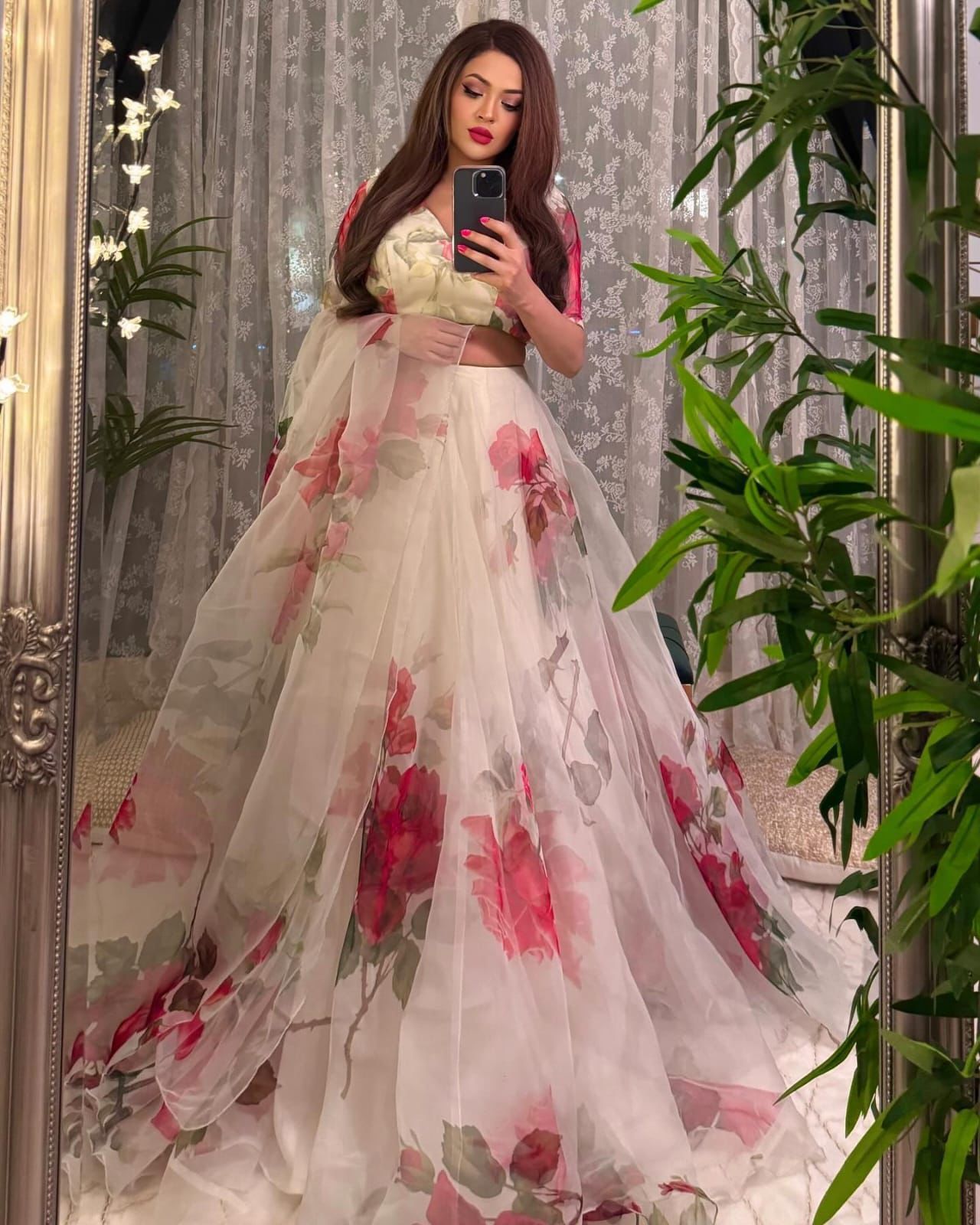 Beautiful White Color Organza Floral Printed Lehenga Choli