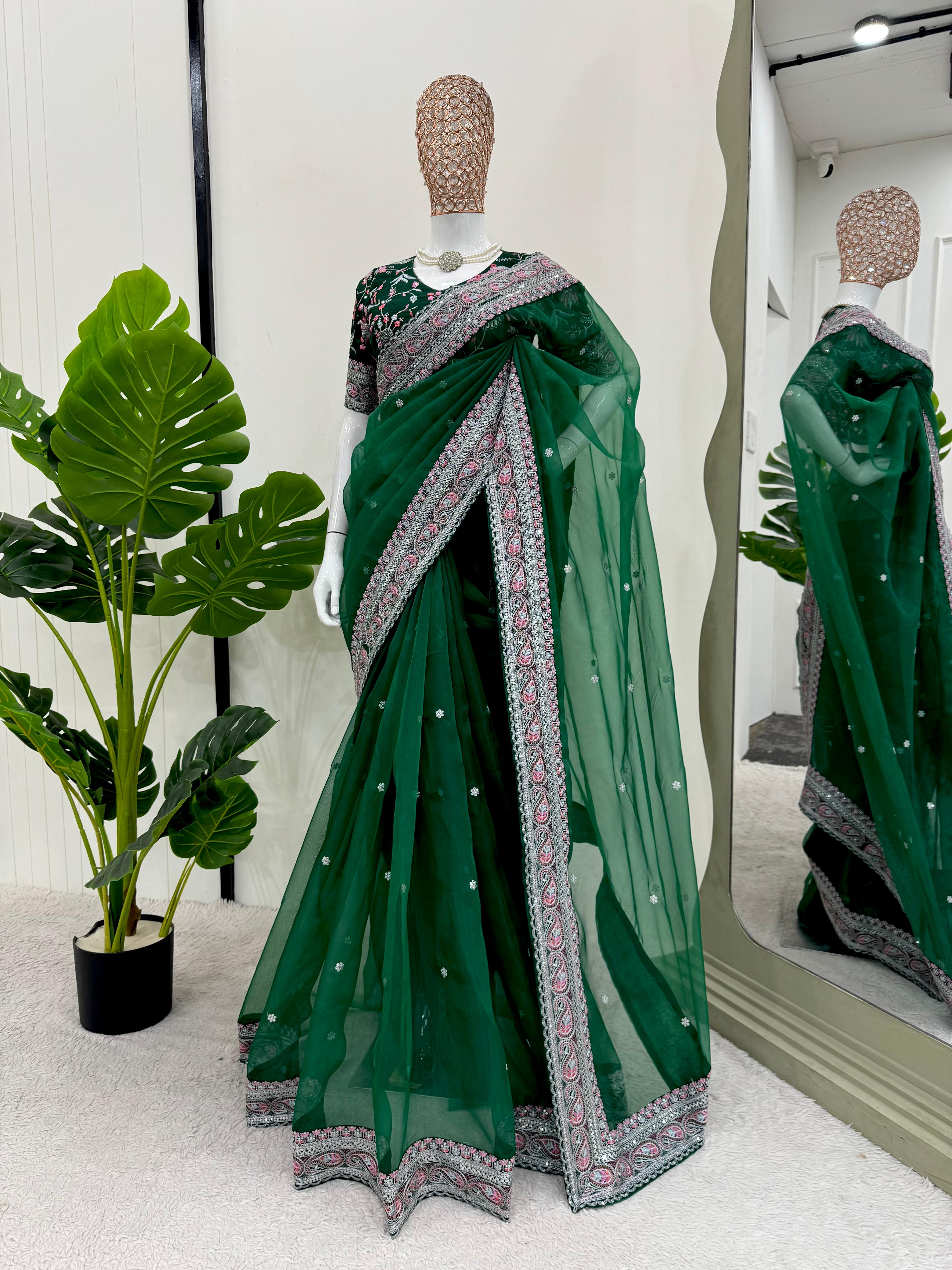 Glimmering Thred With Sequence Work Green Color Designer Saree