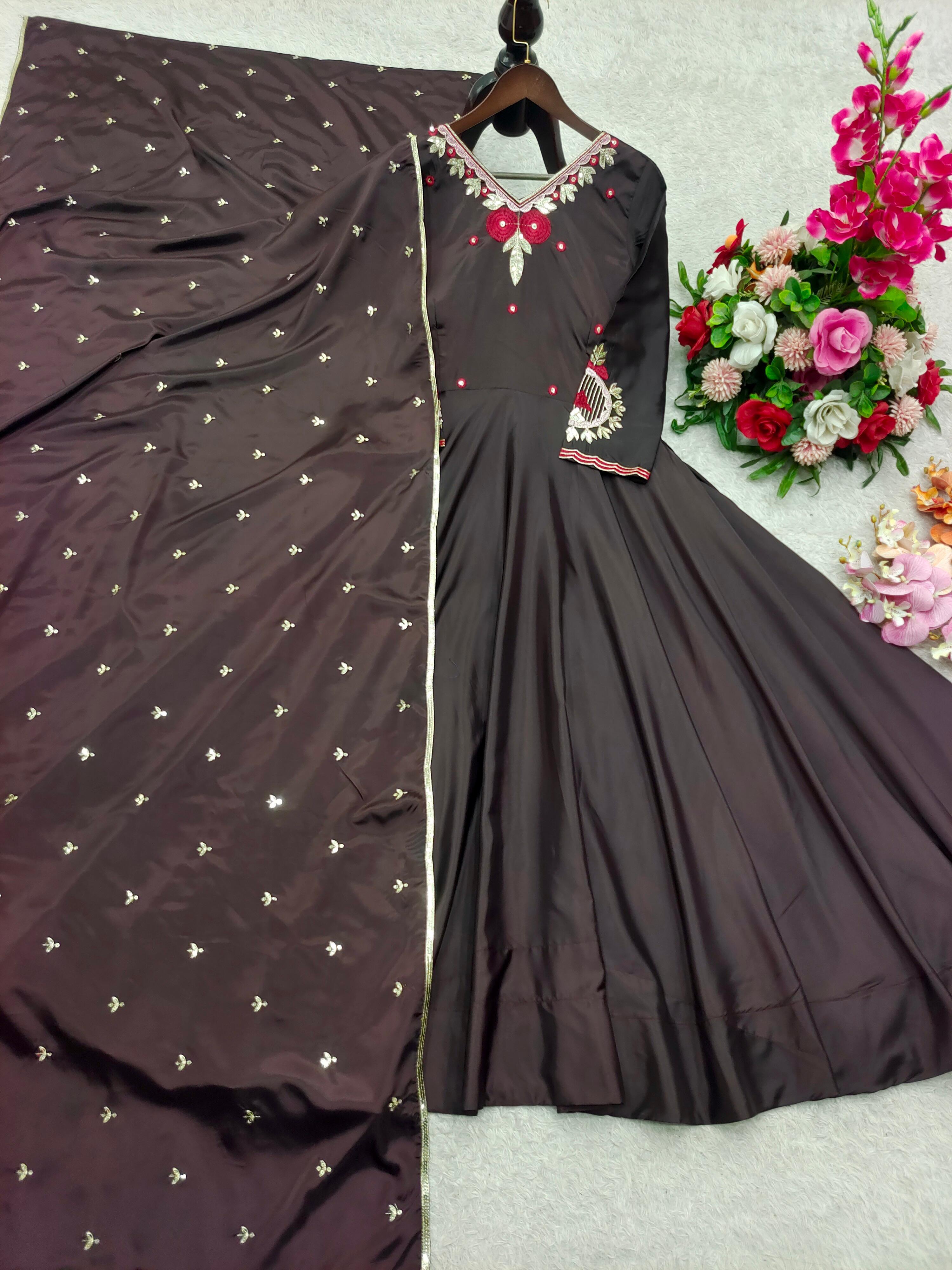 Alluring Brown Satin Silk Sequence Work Gown