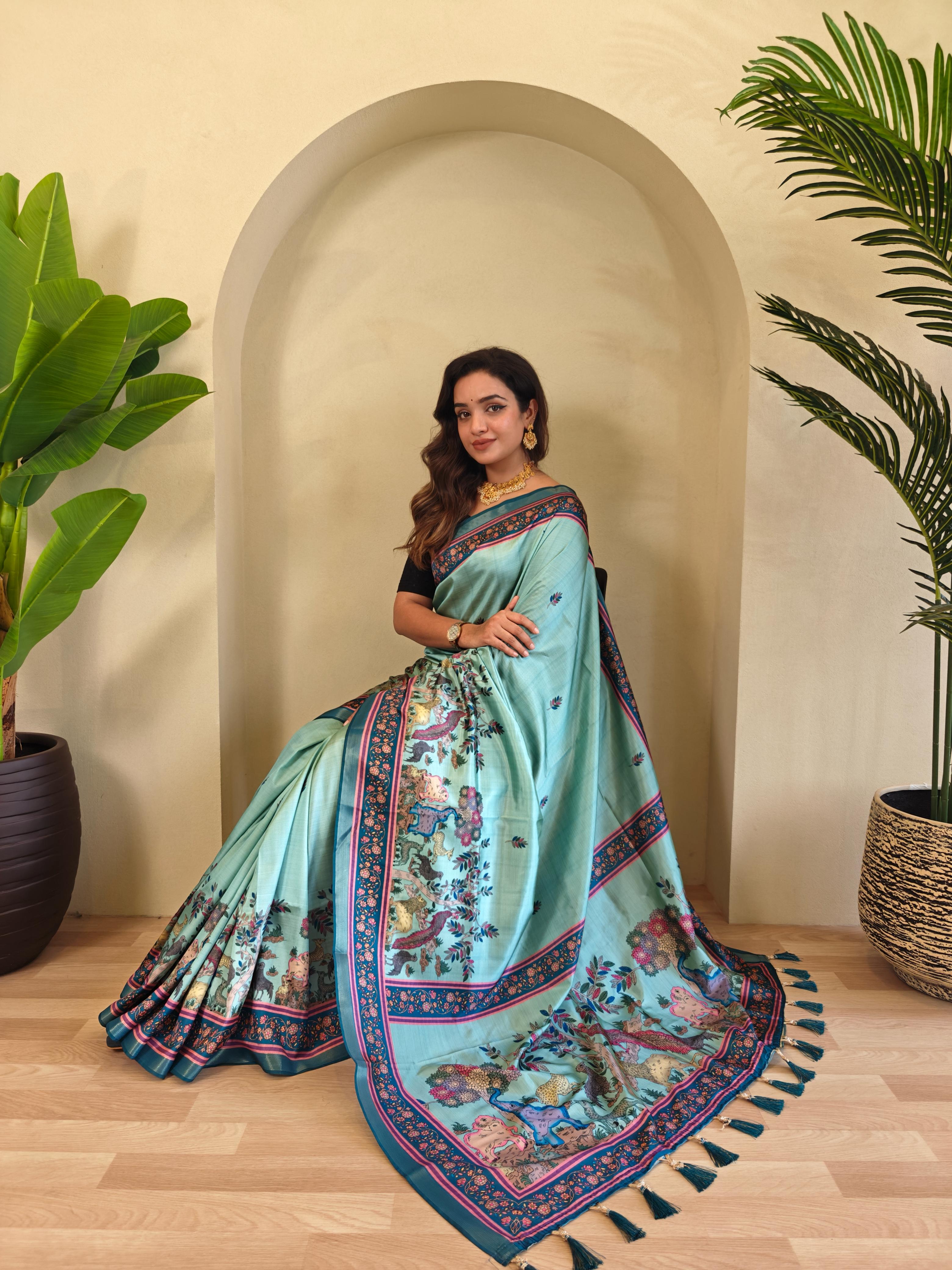 Teal Blue Color Beautiful kalamkari Digital Print Saree