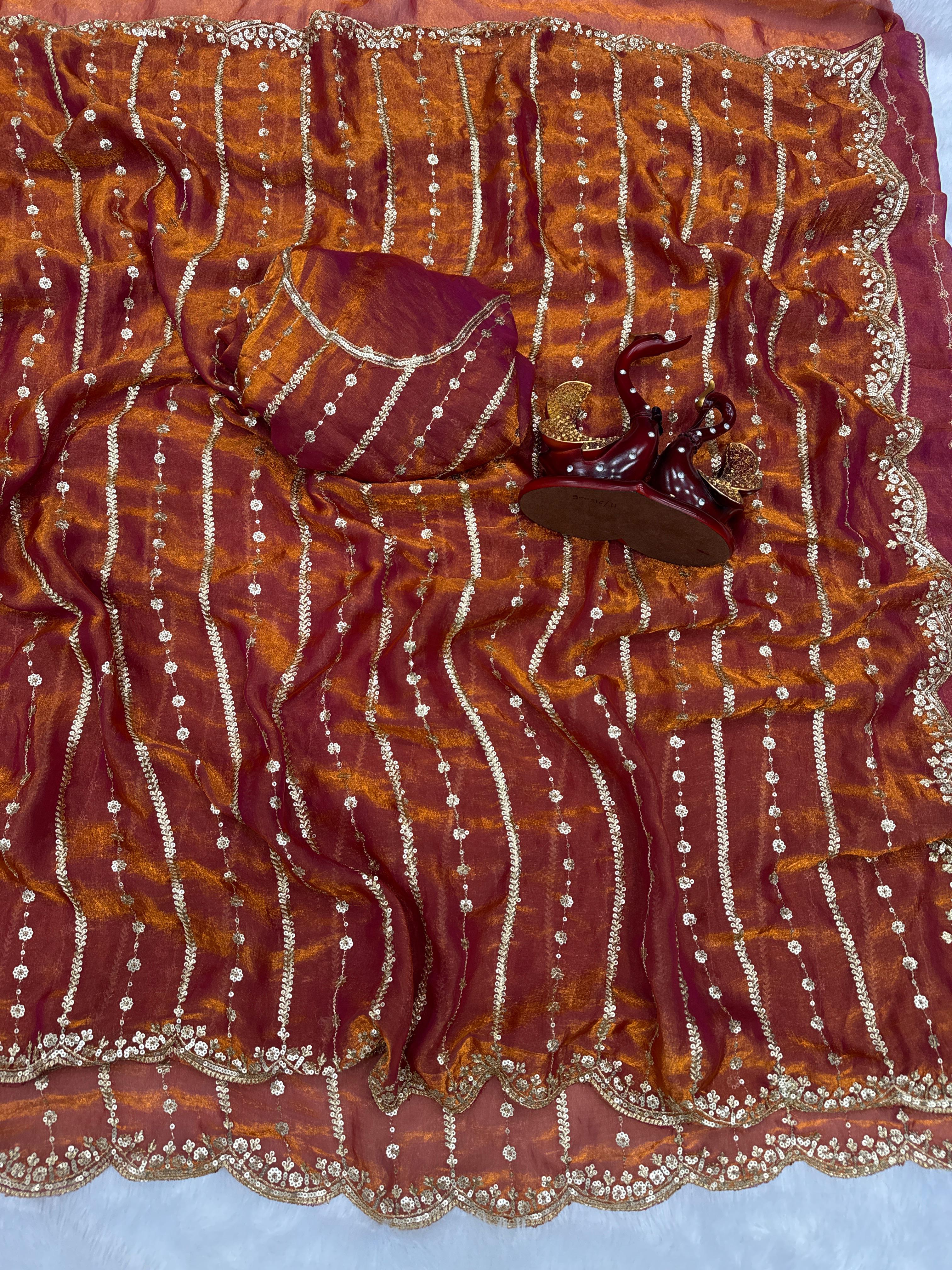 Beautiful Red Color Sequence Work Silk Saree