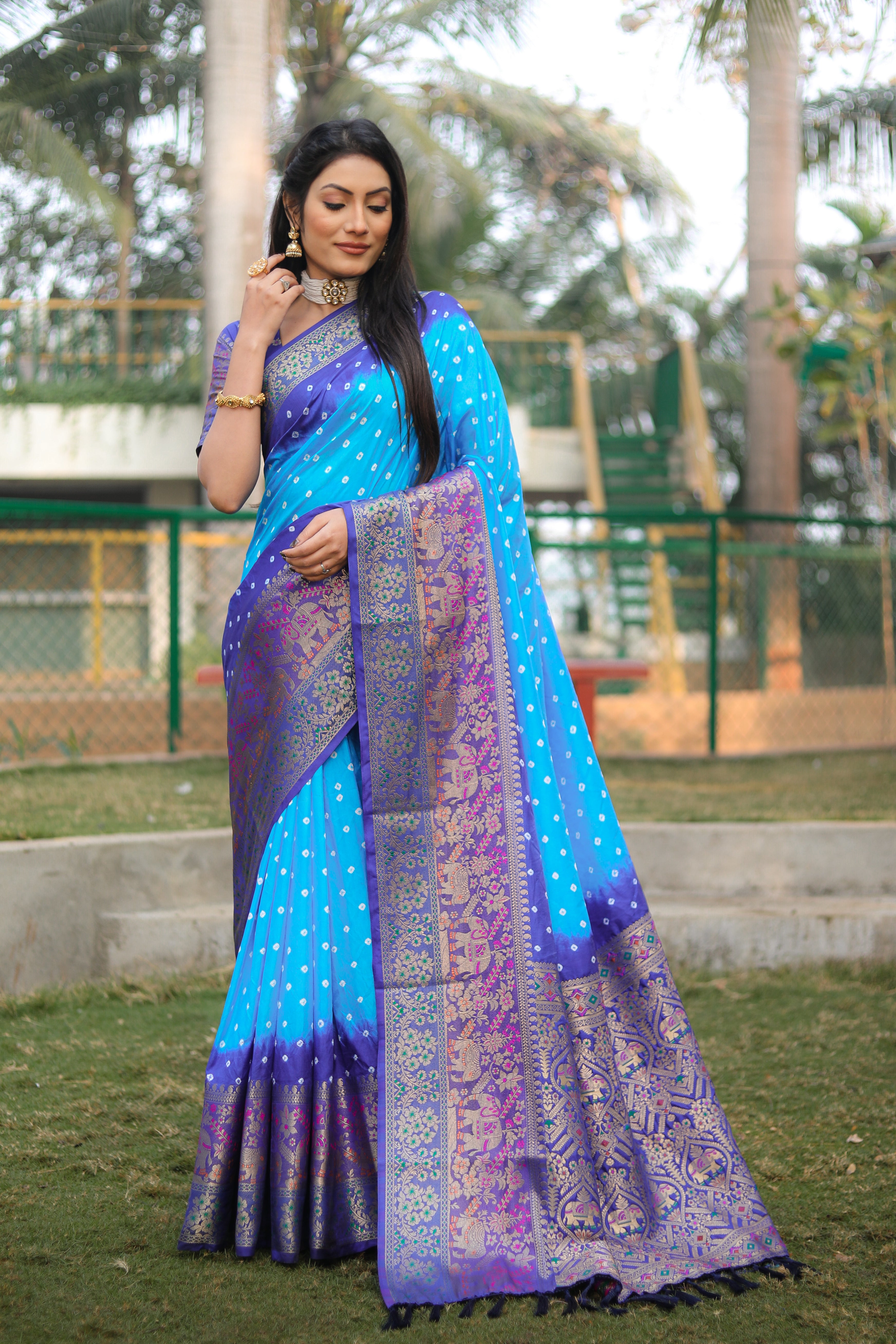 Bandhani Print Purple With Sky Blue Zari Weaving Silk Saree