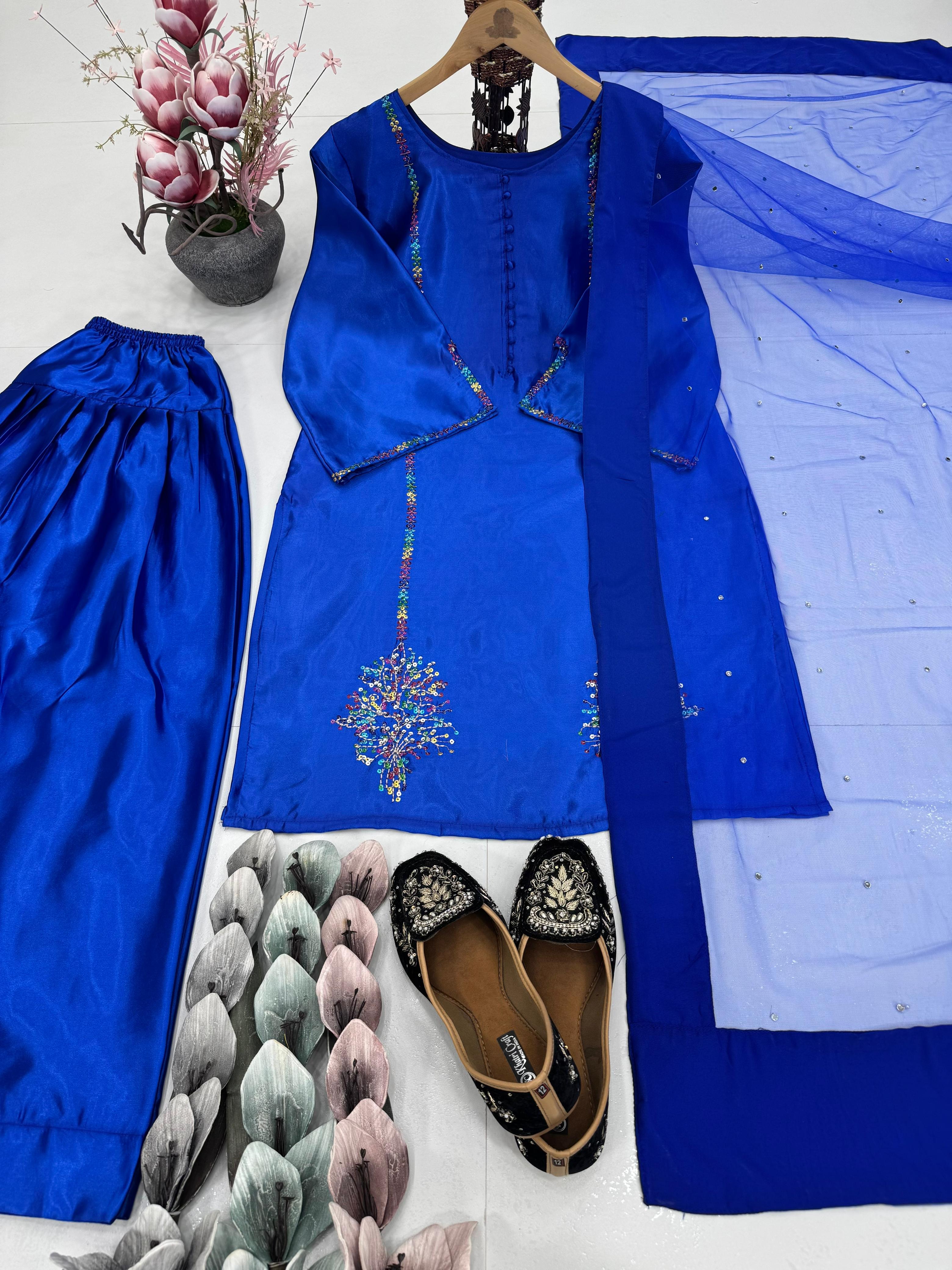 Blue Color Sequence Work Trendy Palazzo Suit