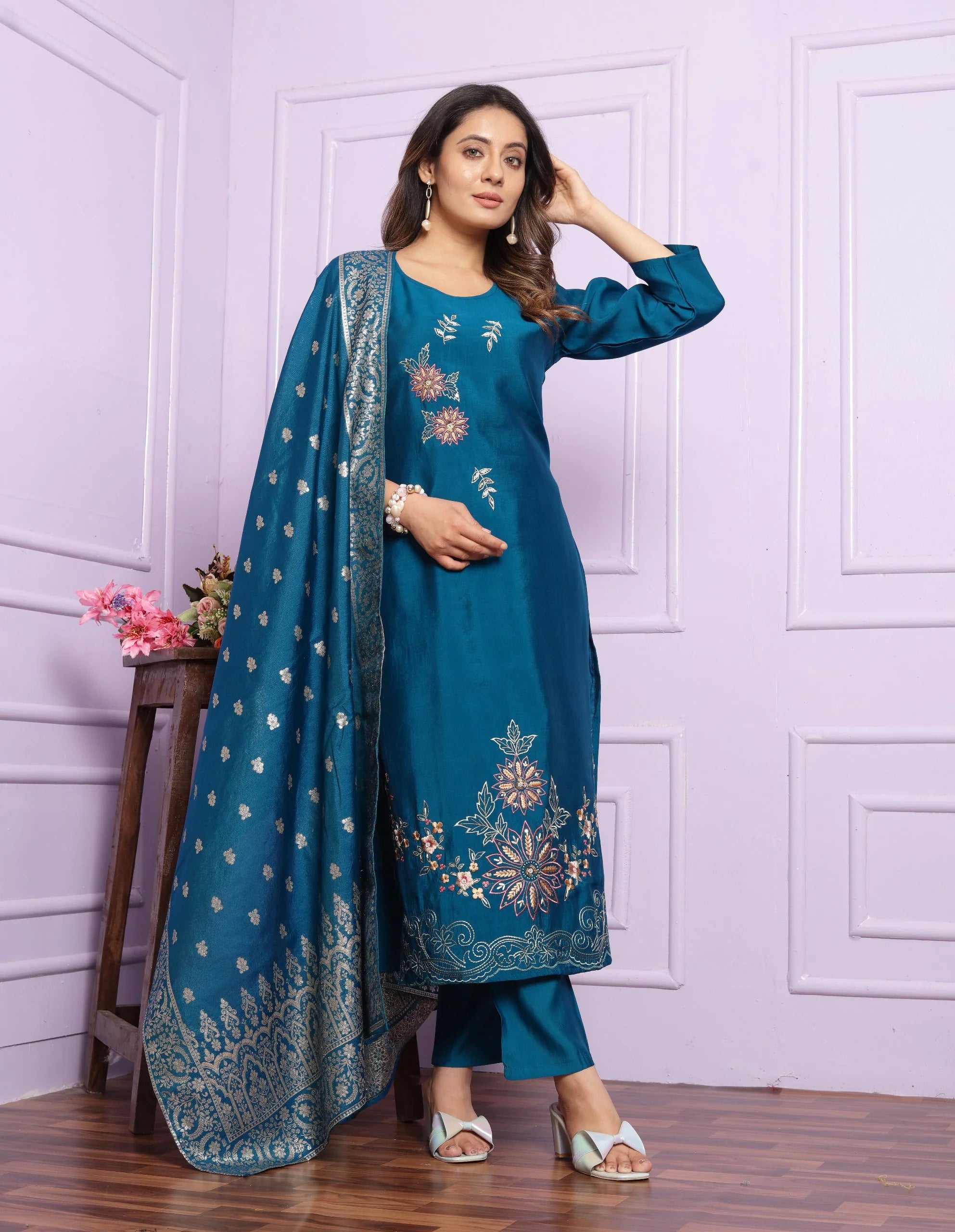 Elegant Rama Russian Silk Salwar Suit With Banarasi Dupatta