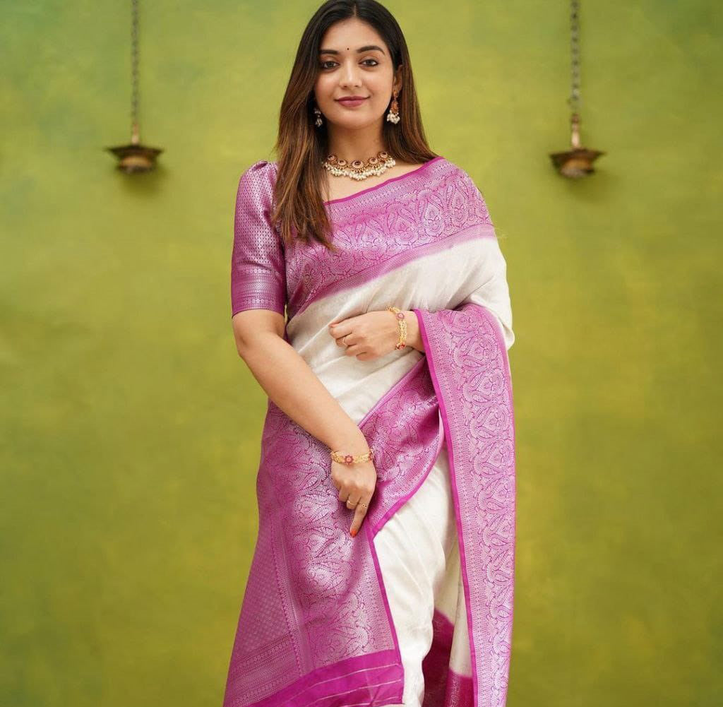 Good Looking White With Pink Border Saree