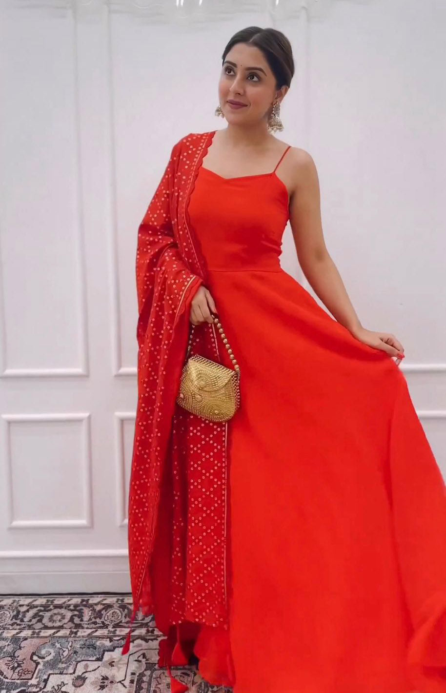 Lovely Plain Red Color Long Gown With Work Dupatta