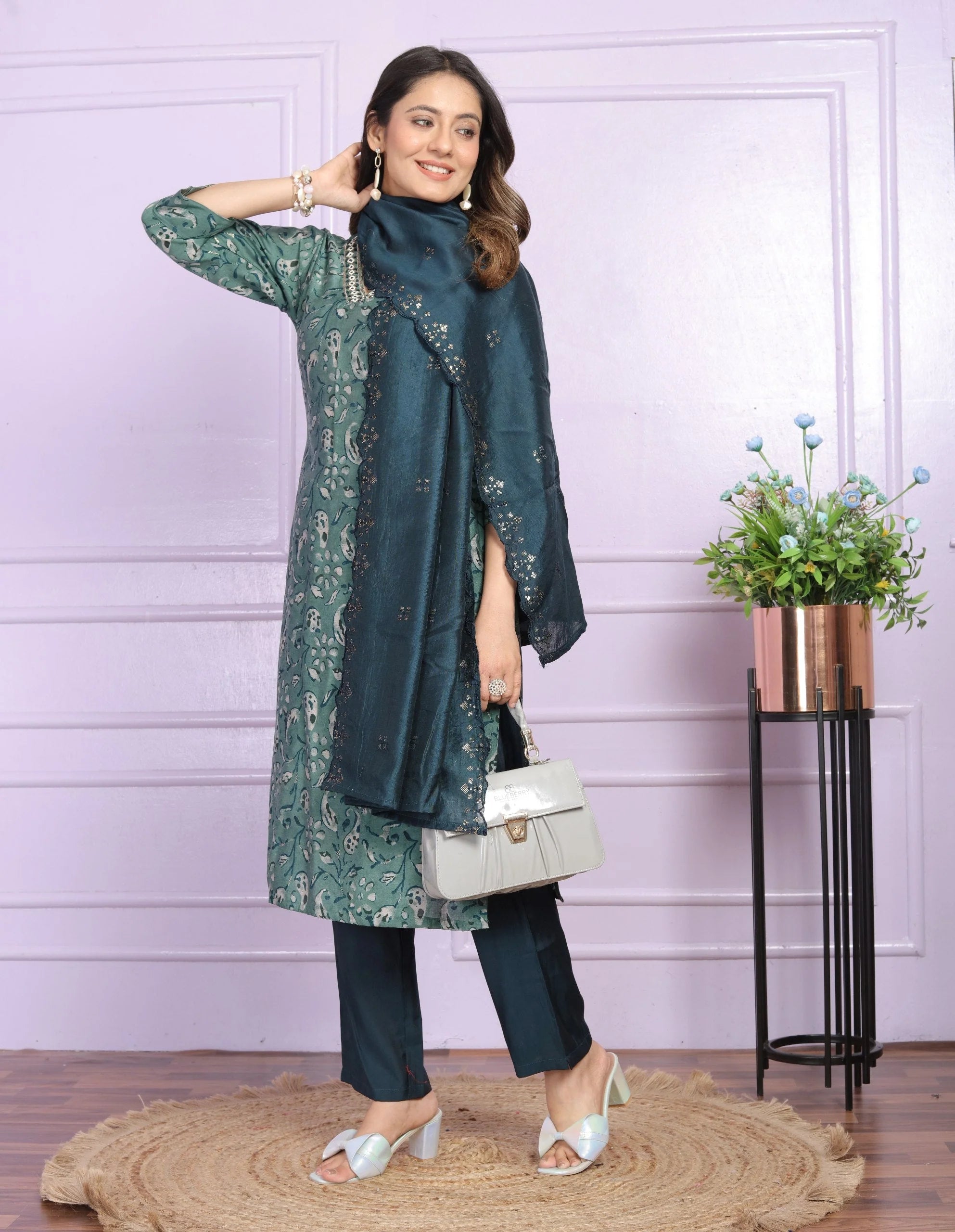 Casual Wear Teal Green Color V Neck Salwar Suit