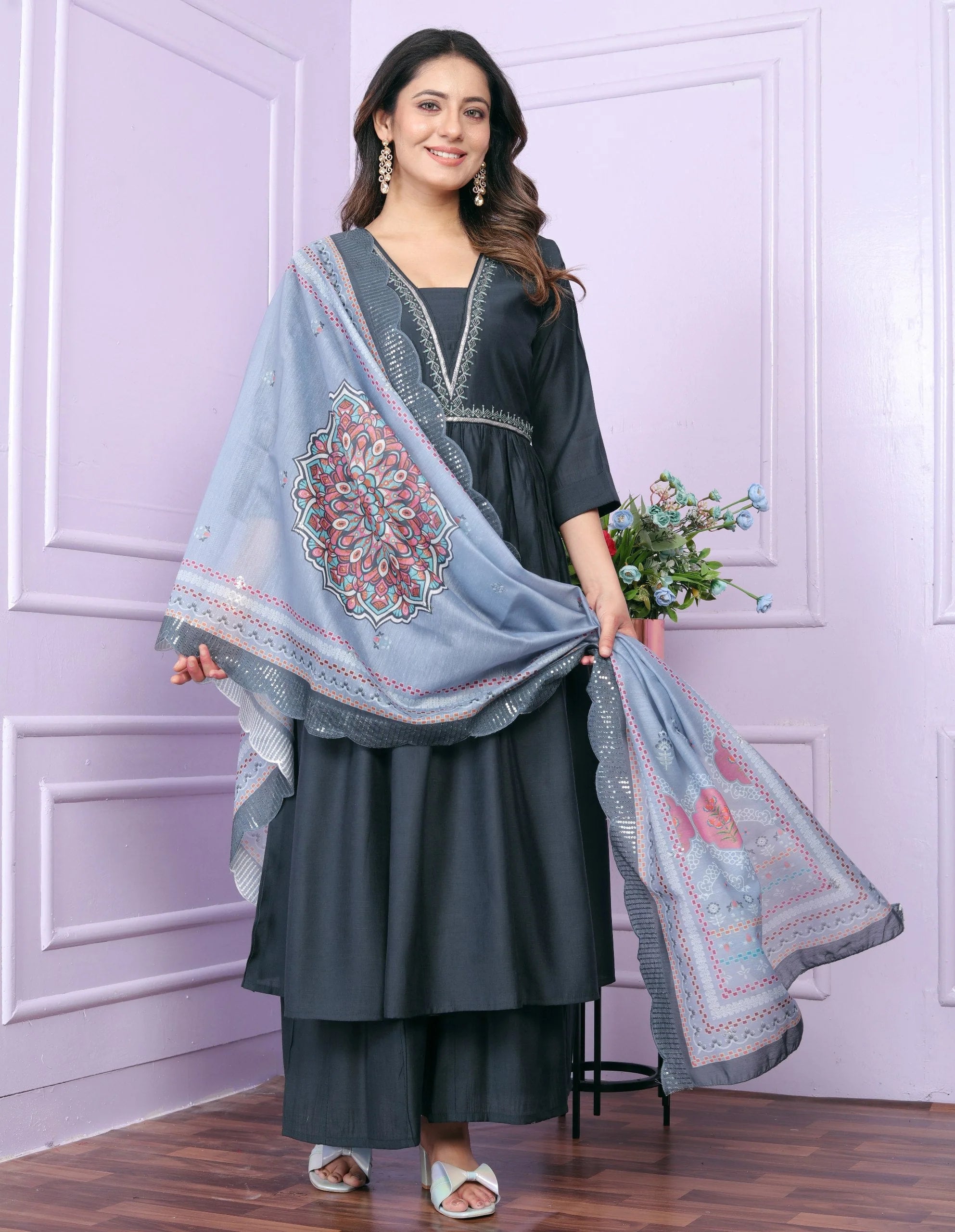 Good Looking Dark Grey Color V Neck Palazzo Suit