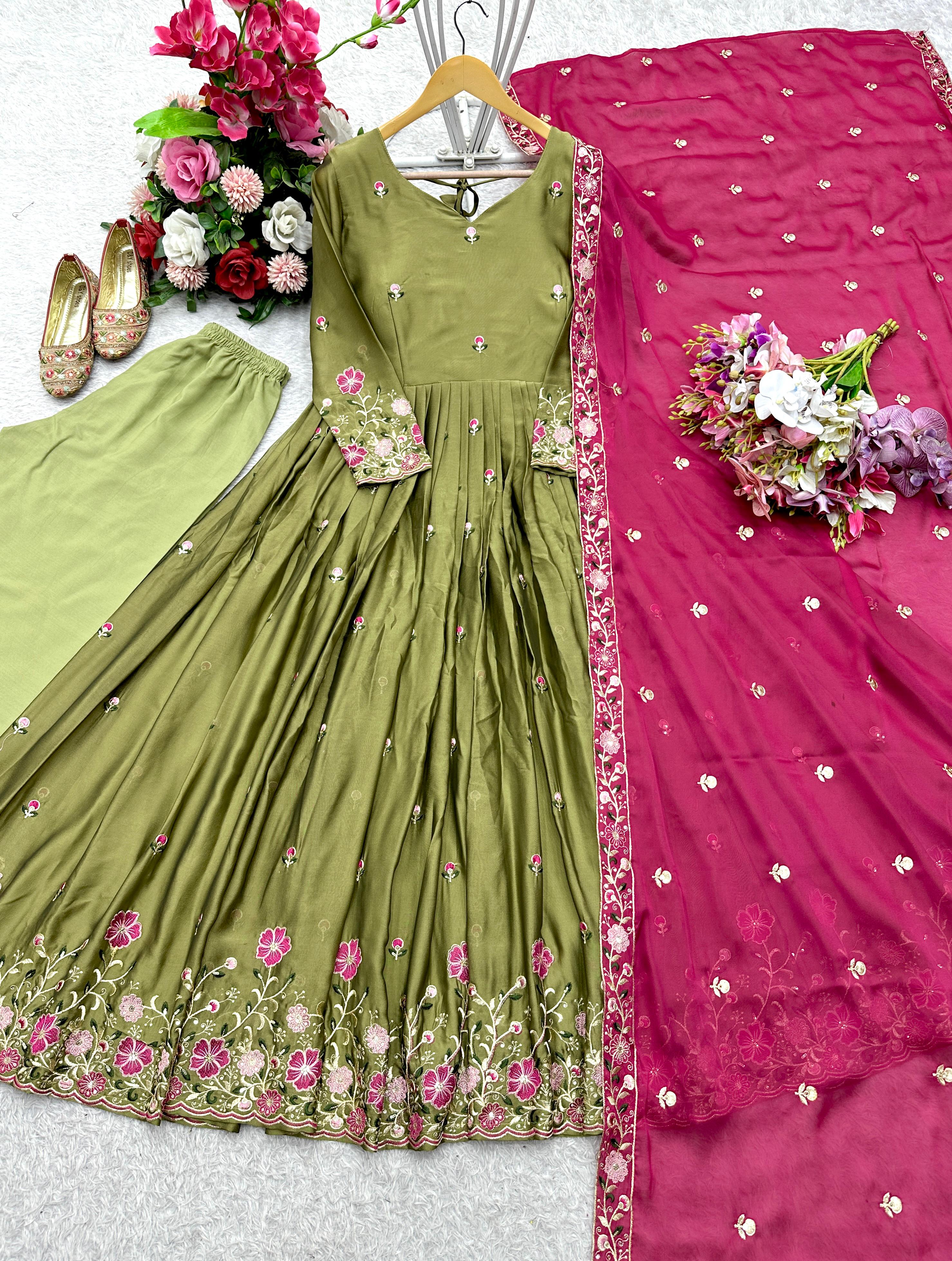 Rangoli Silk Mehndi Color Gown With Pink Dupatta