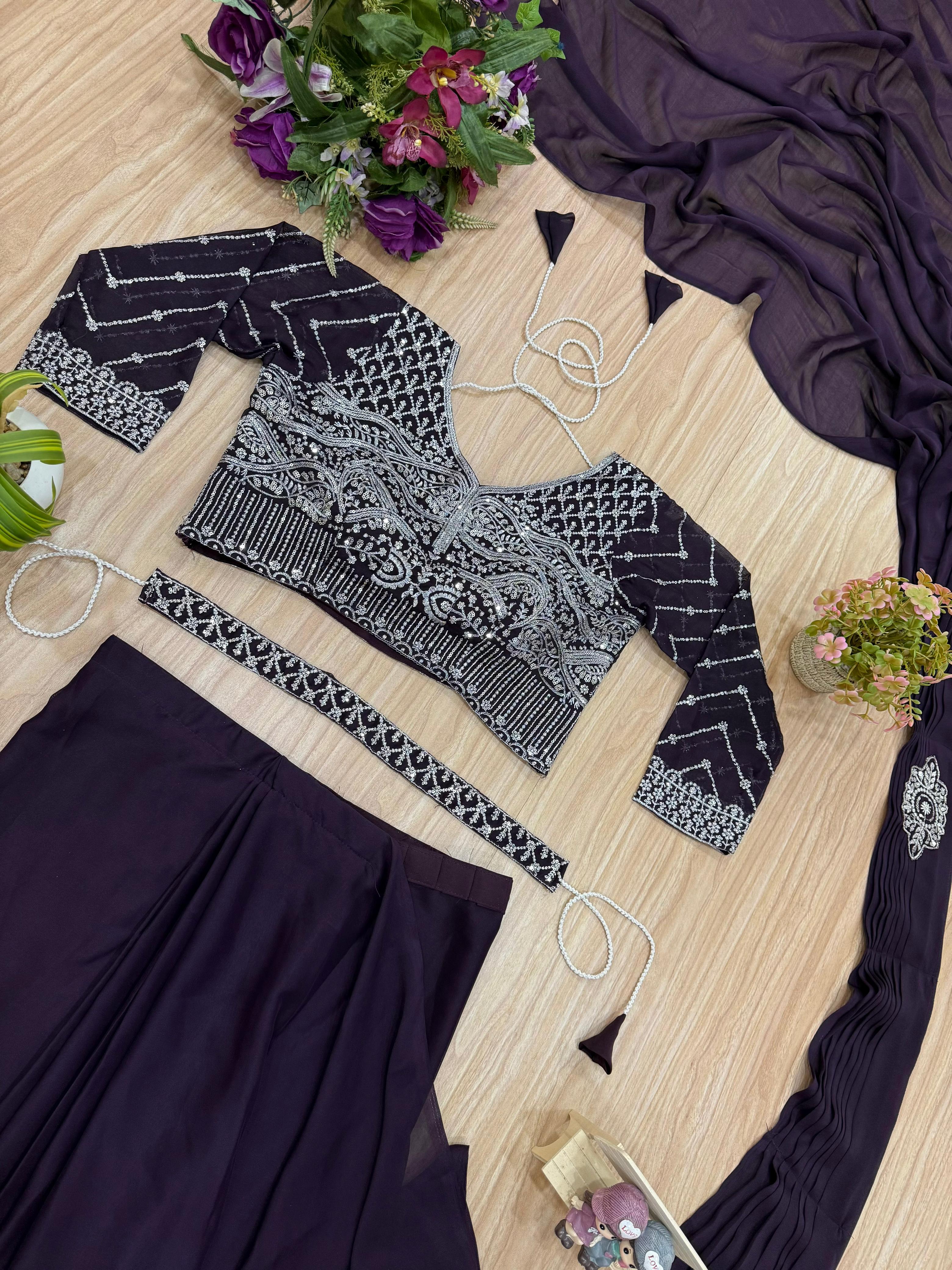 Wedding Wear Embroidery Work Purple Color Ready To Wear Saree