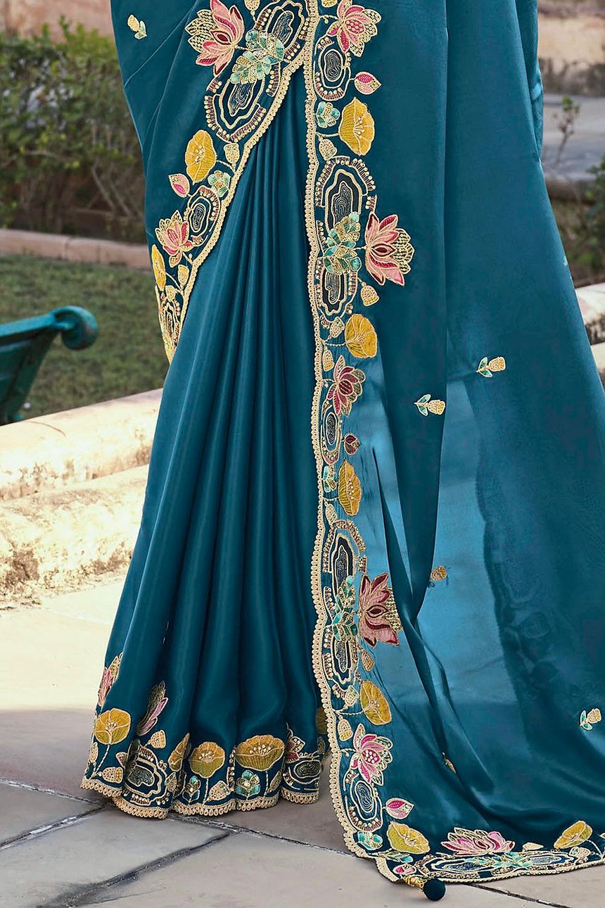 Wedding Wear Jimmy Cho Embroidery Work Teal Blue Color Saree