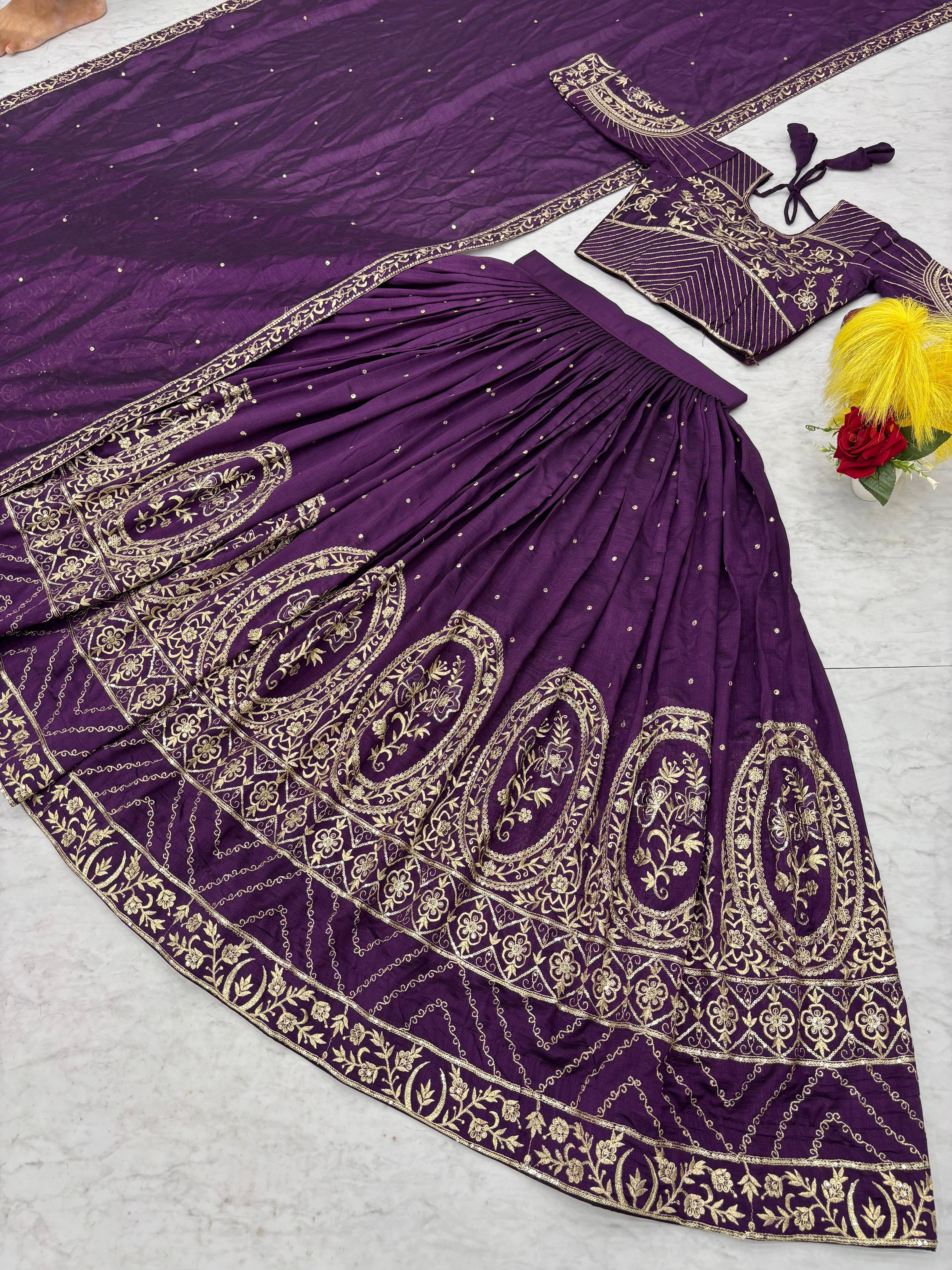 Beautiful Purple Vichitra Silk Embroidery Lehenga Choli