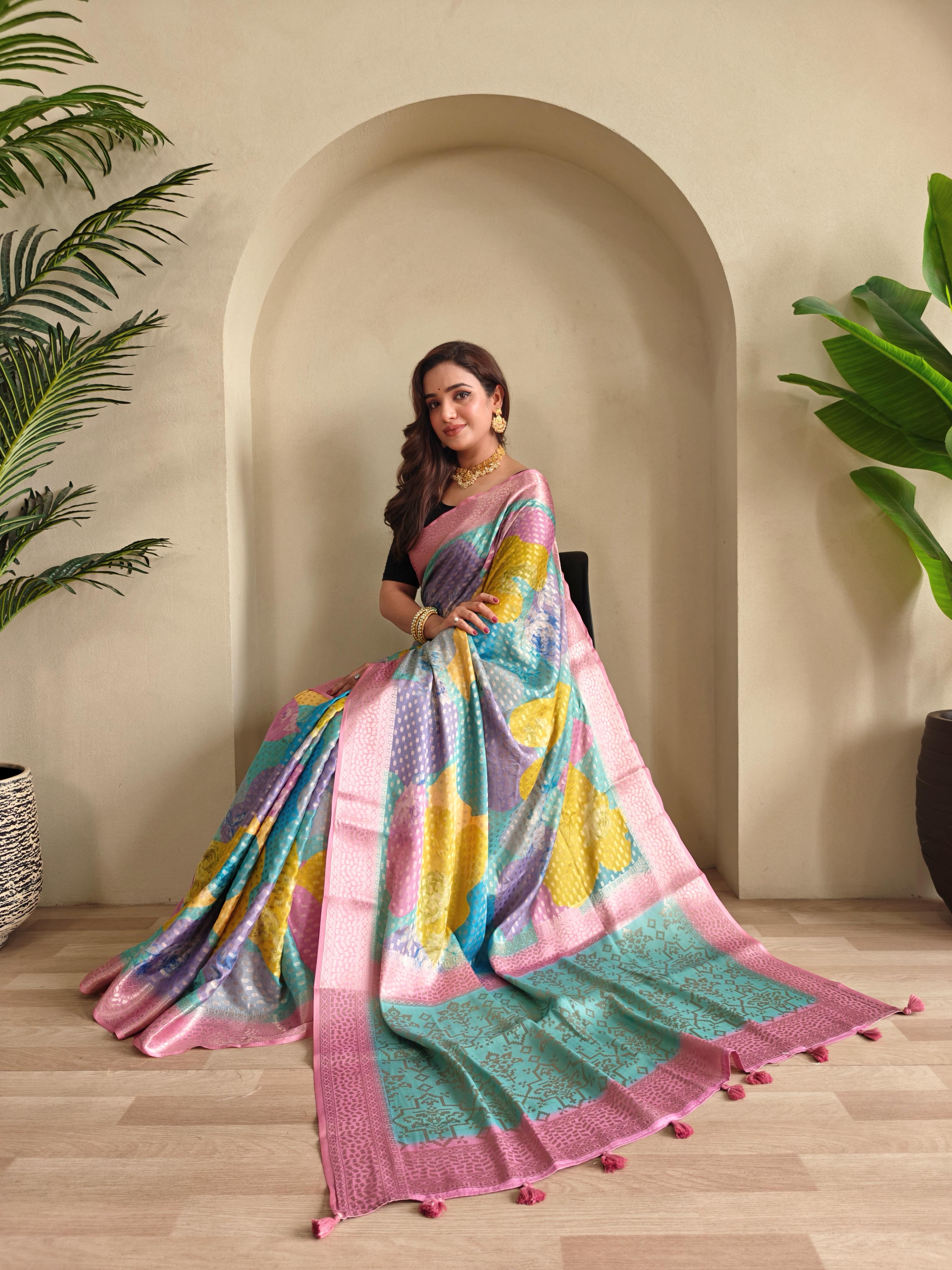 Multi Color Design Beautiful Print Pink Color Saree