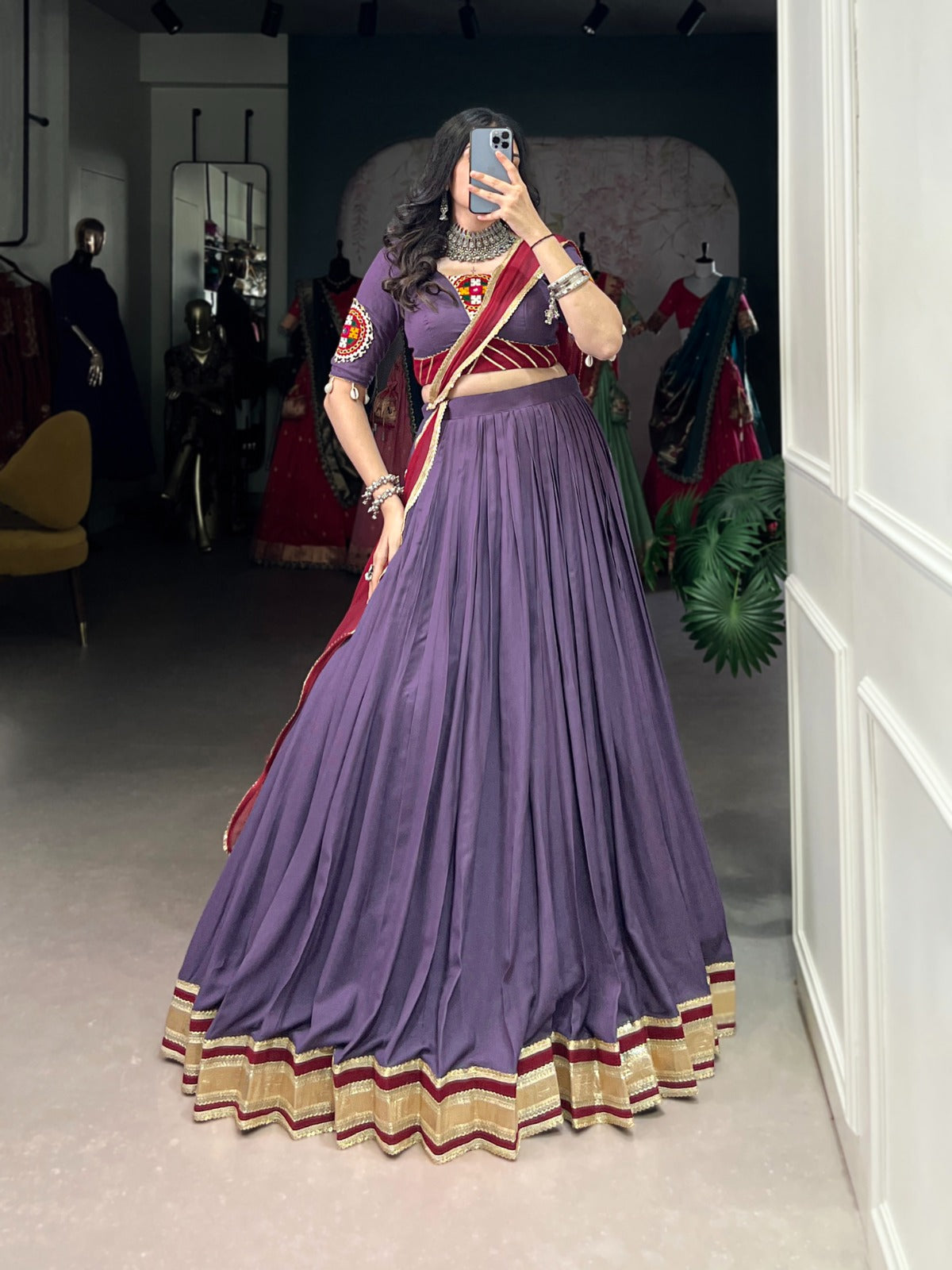 Purple Color Navratri Special Embossed Design Lehenga Choli