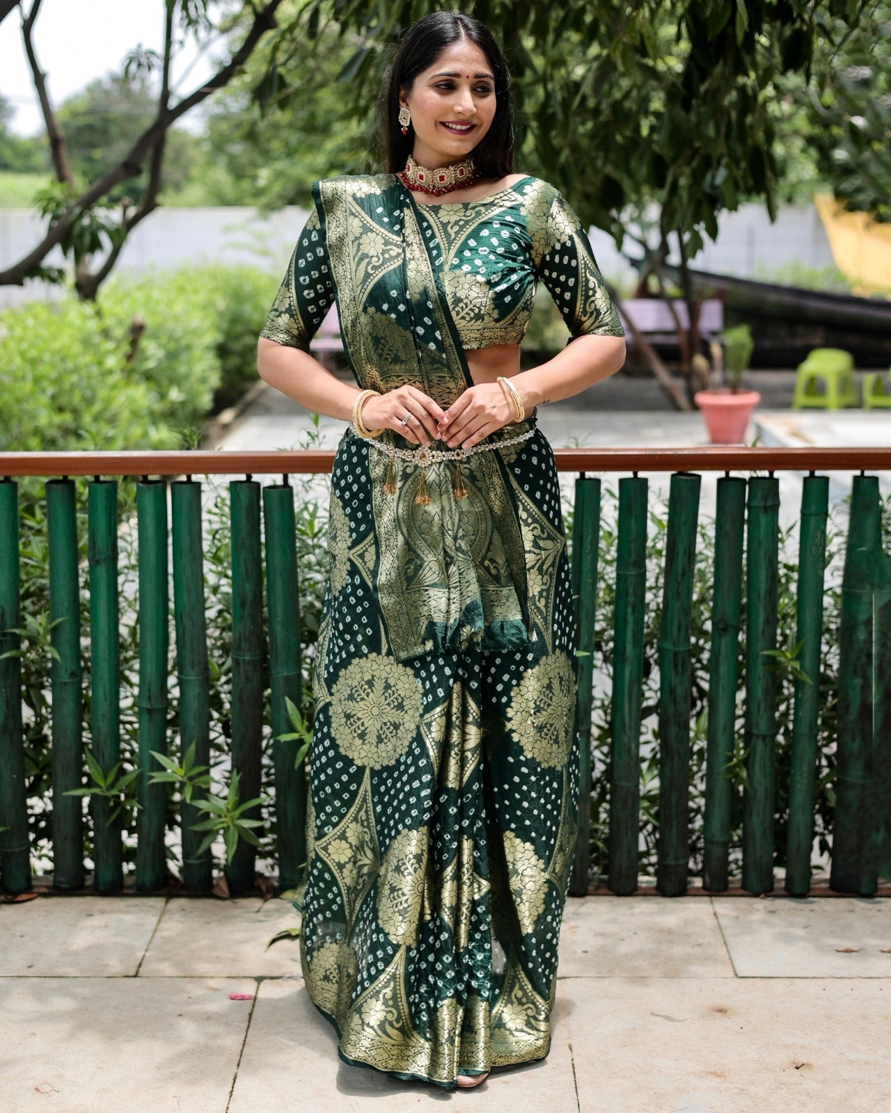 Trendy Zari Weaving Border Green Color Pure Bandhani Saree