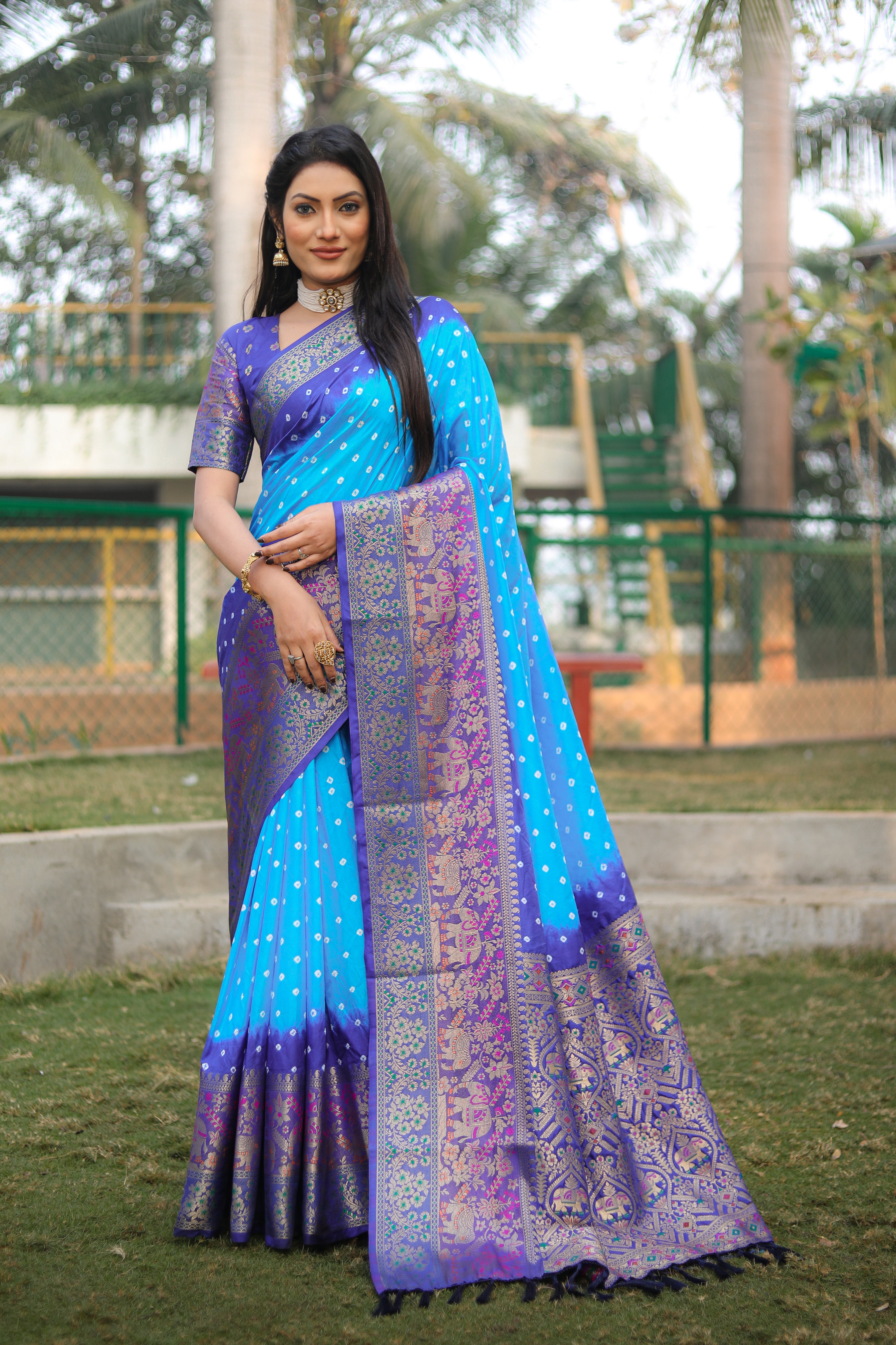 Bandhani Print Purple With Sky Blue Zari Weaving Silk Saree