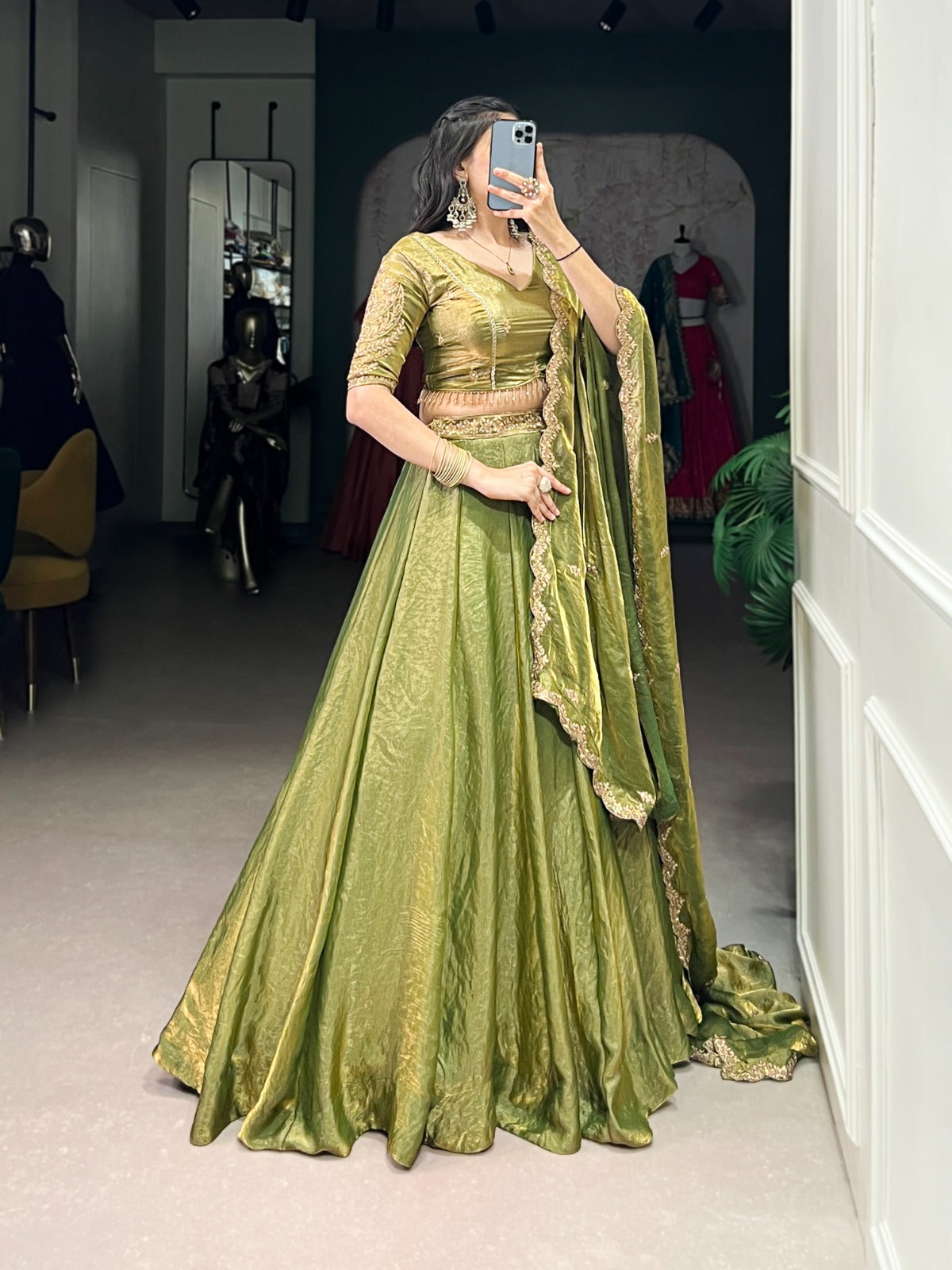 Shining Sequence Work Mehndi Color Lehenga Choli