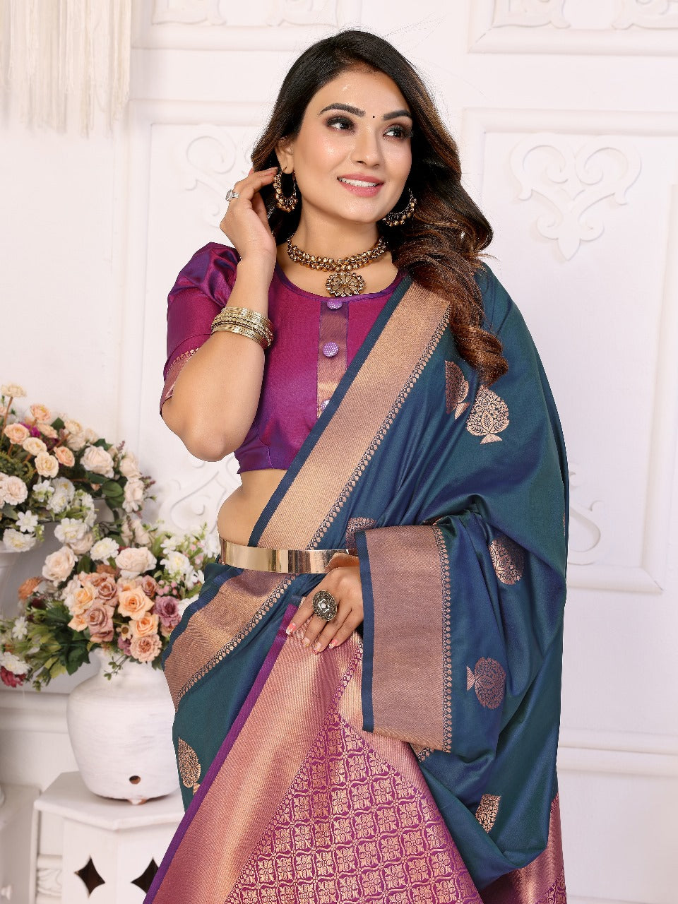 Graceful Soft Silk Teal Blue Color Saree