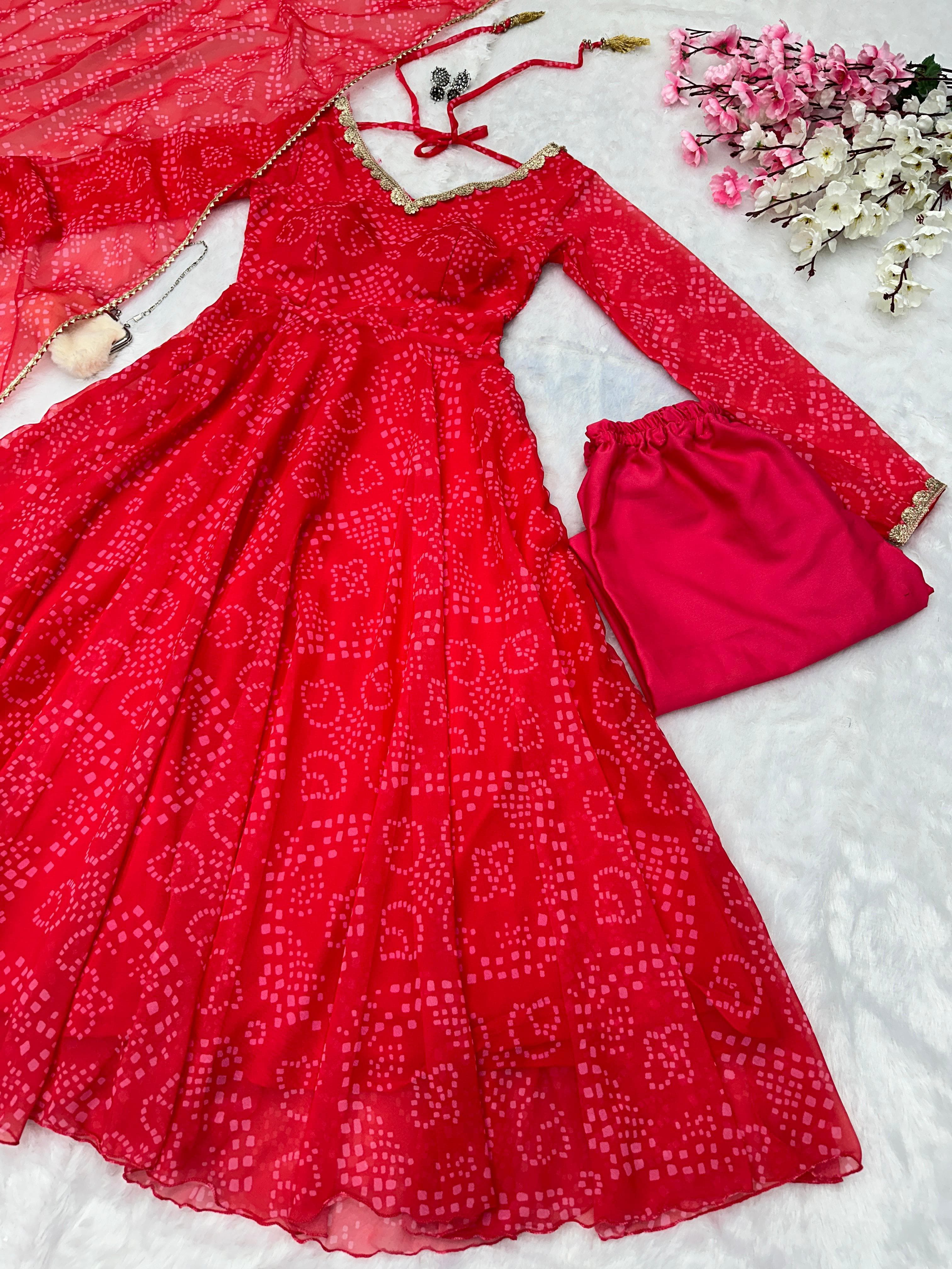 Casual Wear Georgette Printed Red Color Anarkali Gown