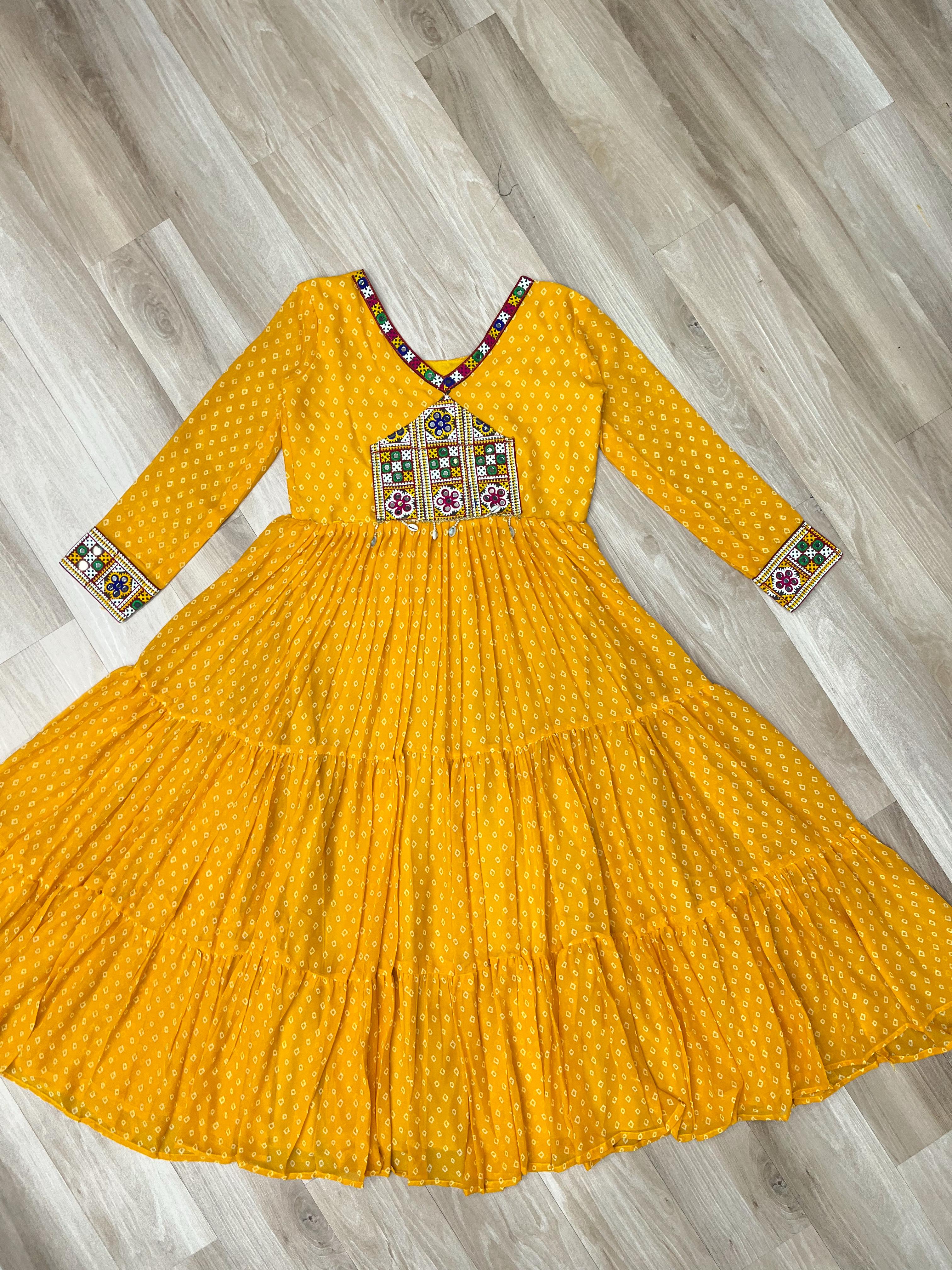 Lovely Yellow Color Bandhani Print Navratri Special Gown