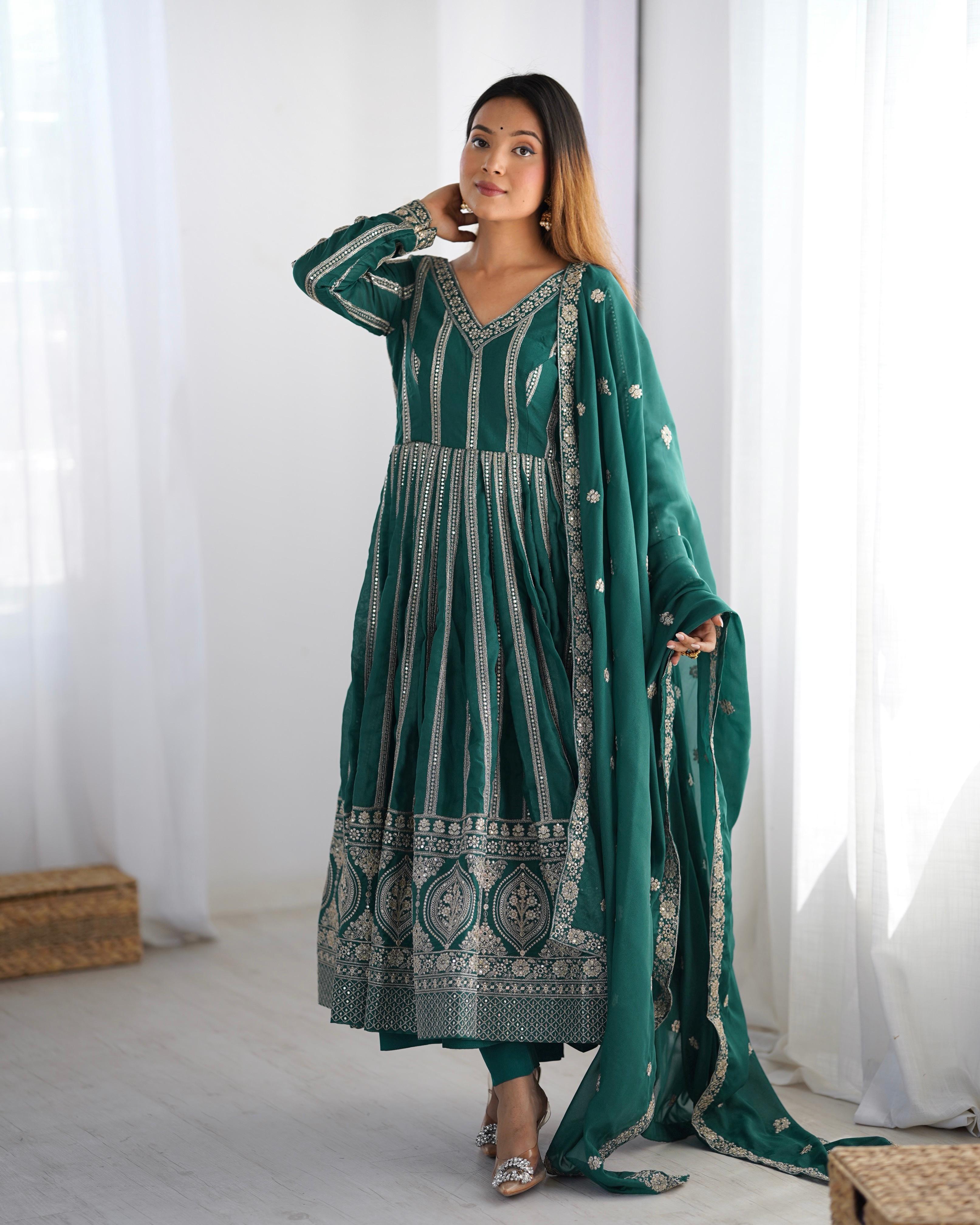 Wonderful Sequence Work Teal Green Color Gown