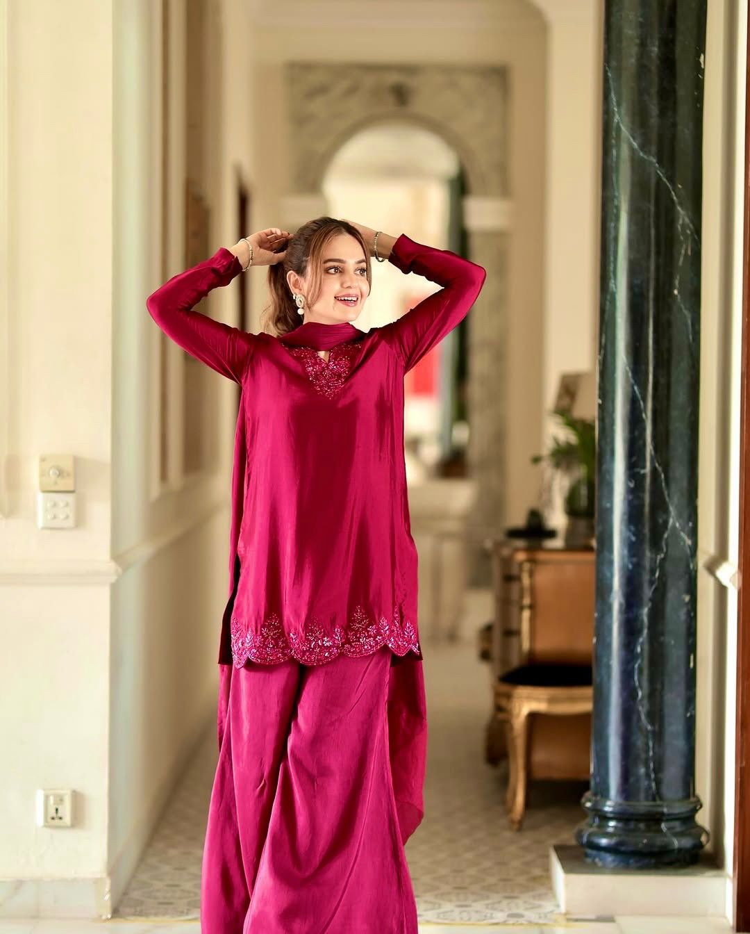 Pink Color Sequence Work Palazzo Suit