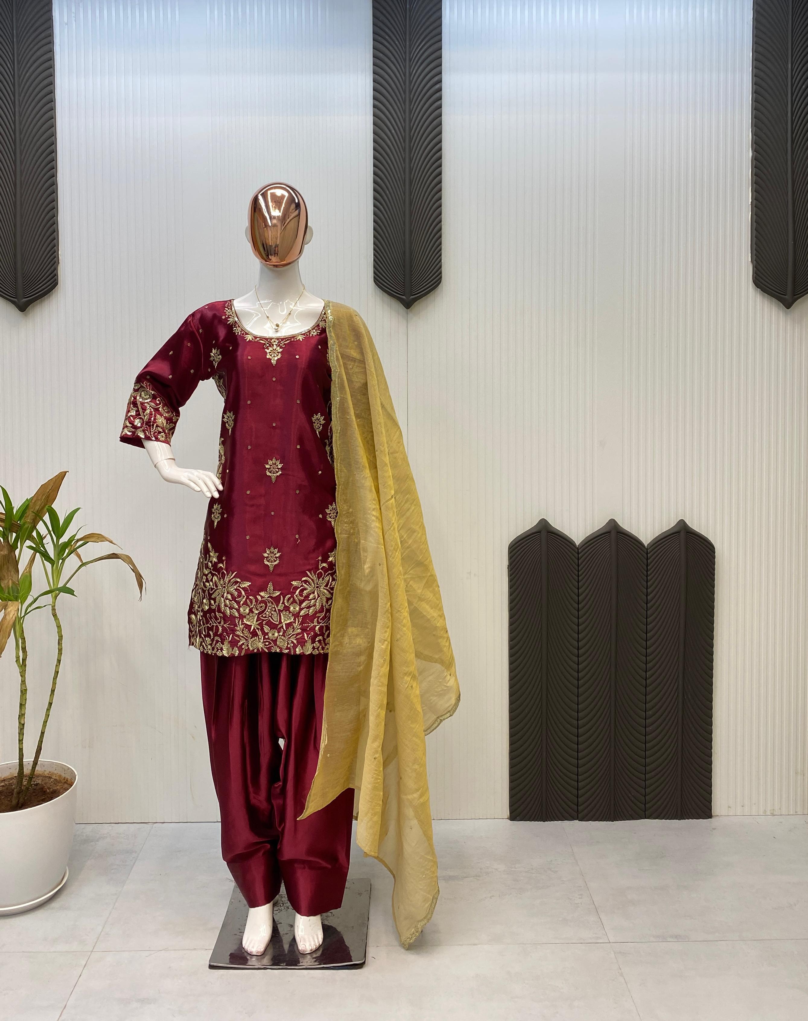 Stylish Maroon Satin Sequence Work Salwar Suit