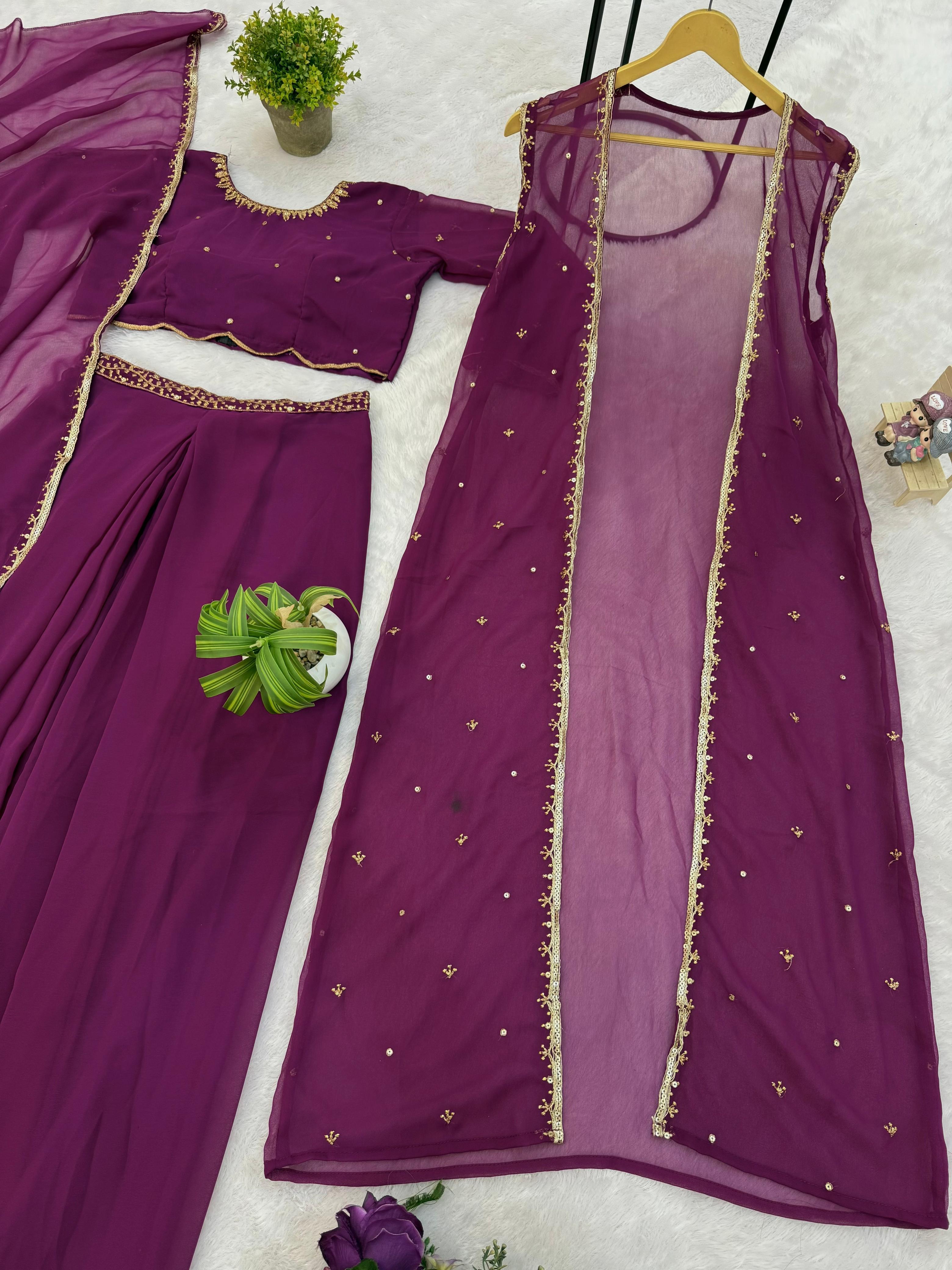Awesome Purple Georgette Embroidery Lehenga Choli With Koti