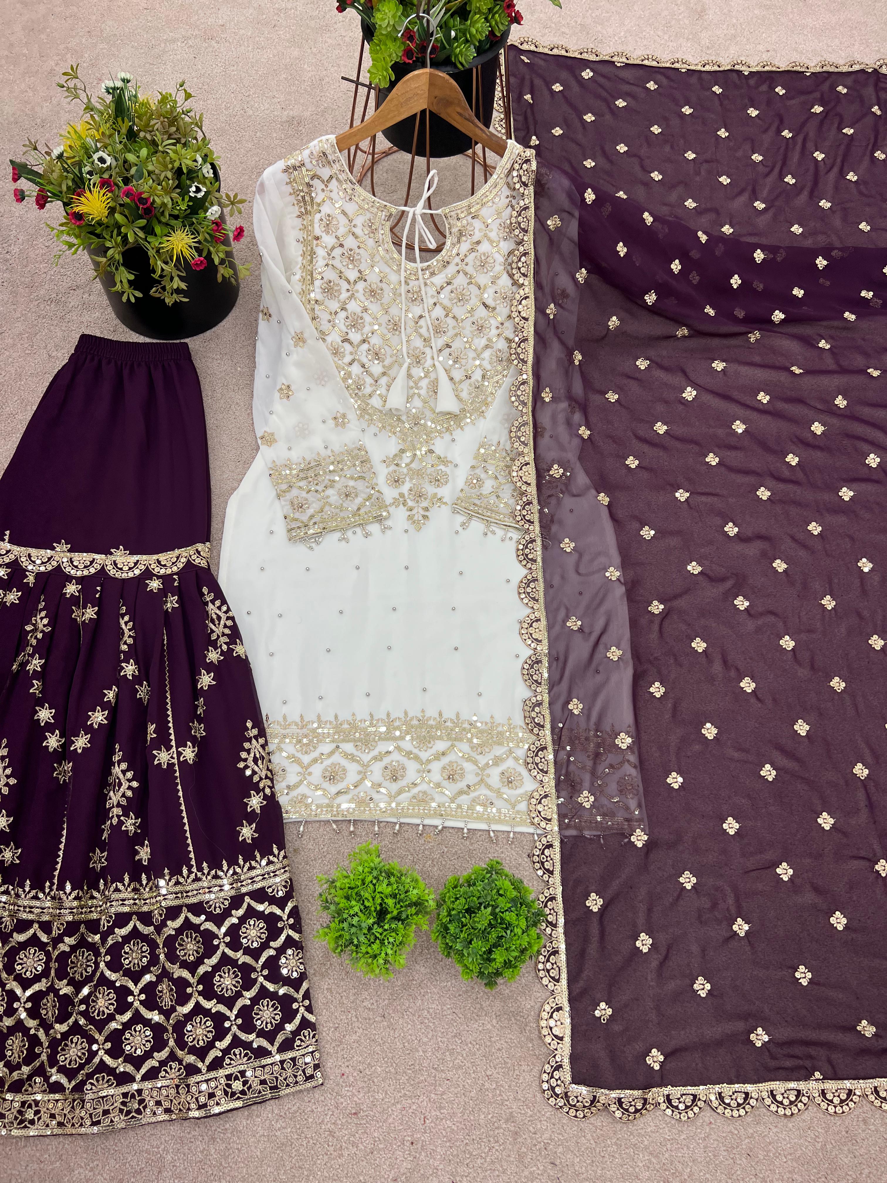 Fabulous Heavy Work White Color Suit With Wine Sharara