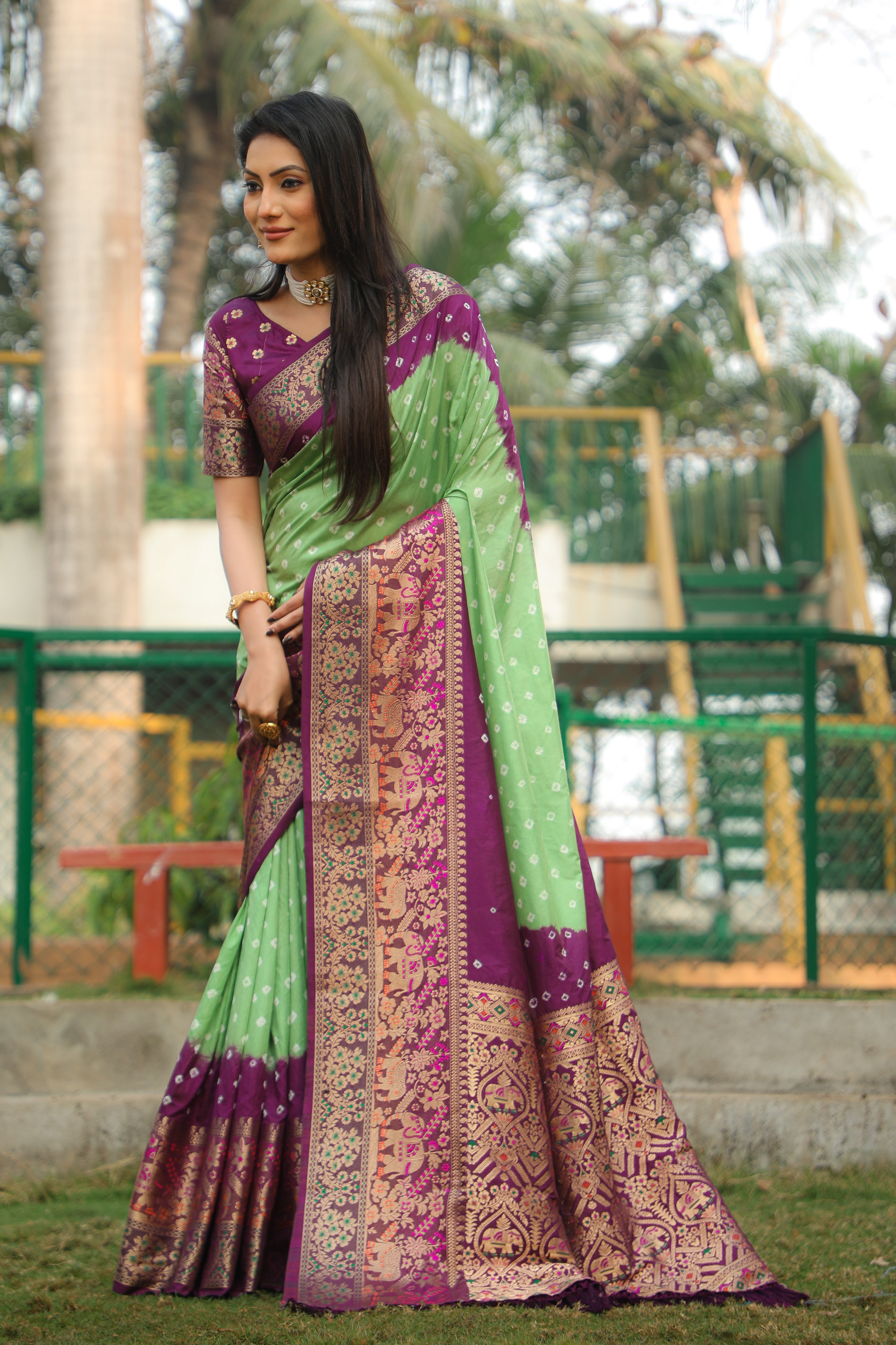 Bandhani Print Wine With Pista Zari Weaving Silk Saree