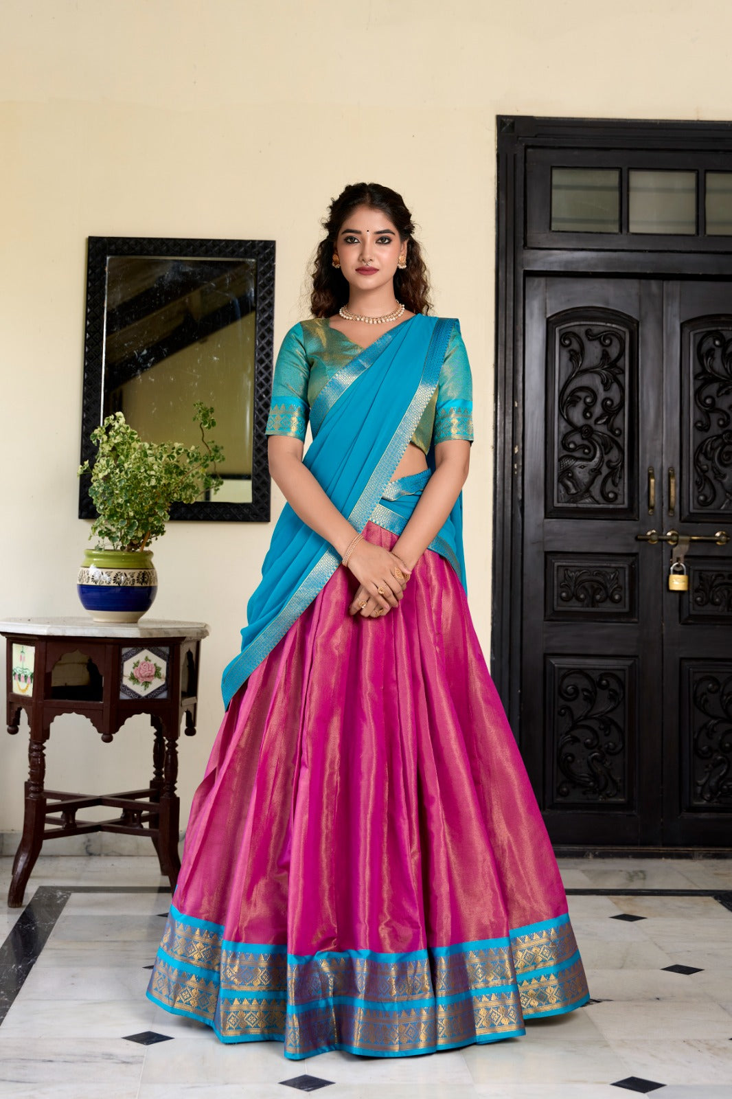 Awesome Kanchipuram Pink Color Lehenga Choli