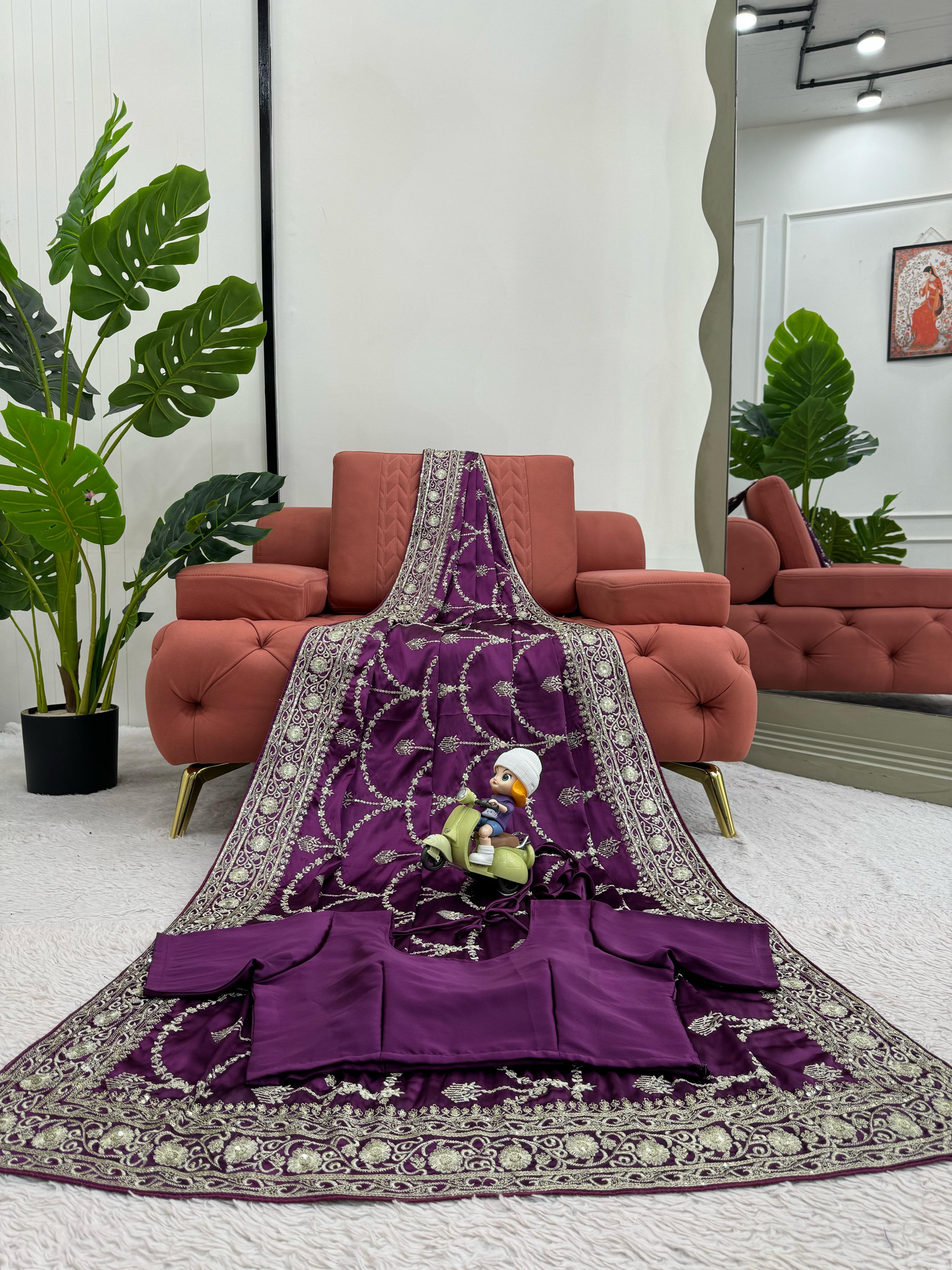 Superhit Satin Silk Wine Color Saree
