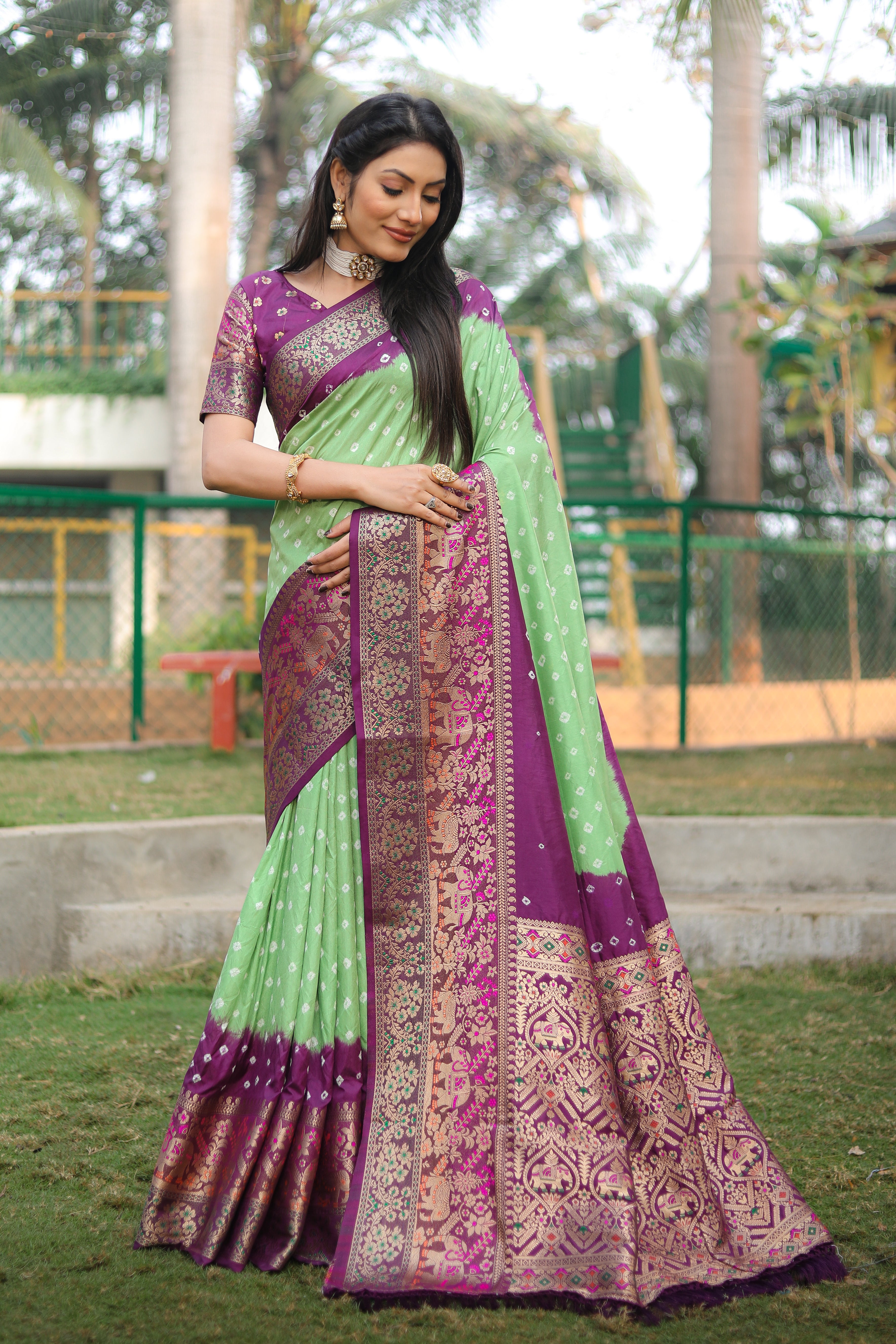 Bandhani Print Wine With Pista Zari Weaving Silk Saree