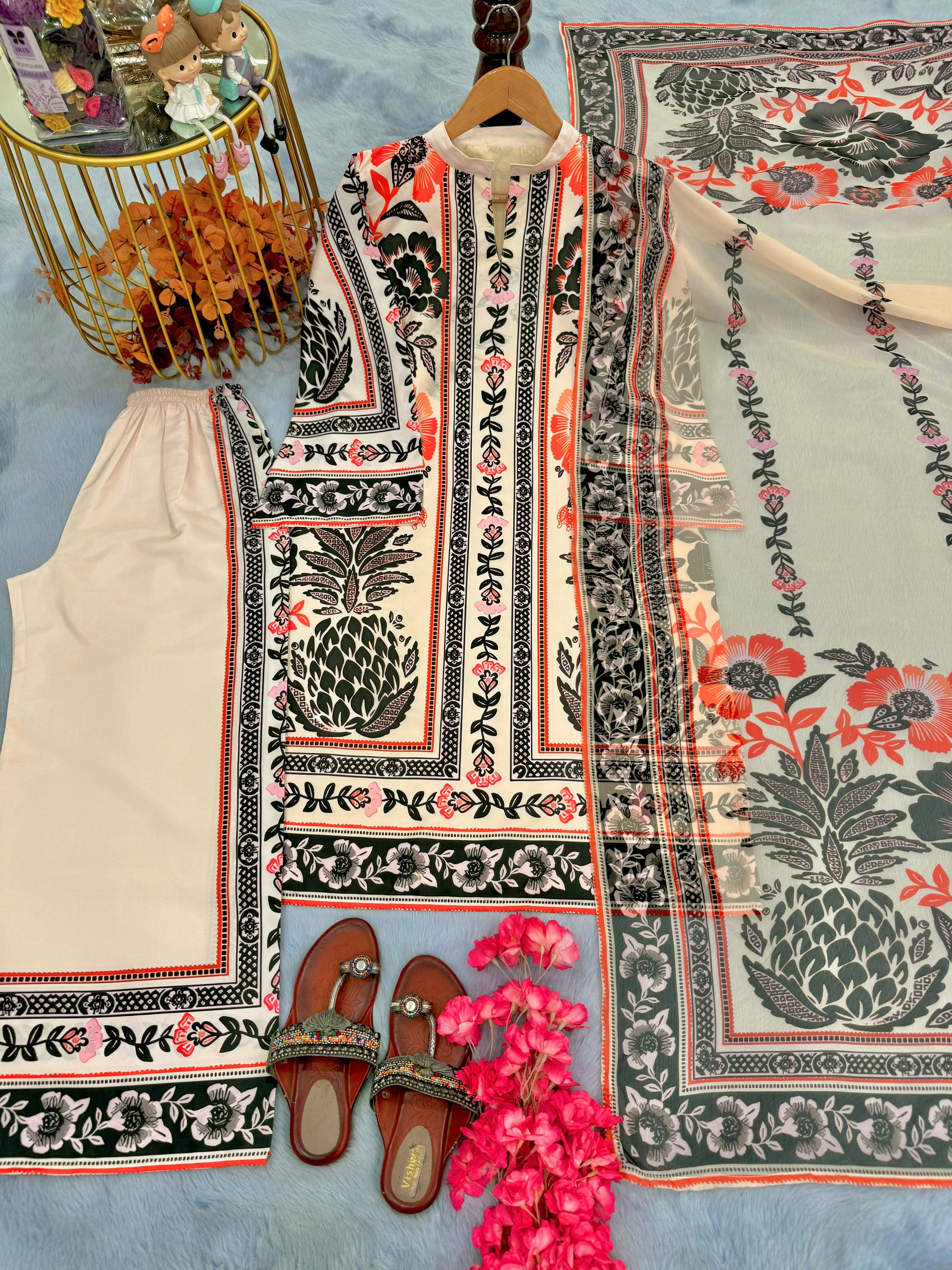 Digital Printed Cream Color Palazzo Suit