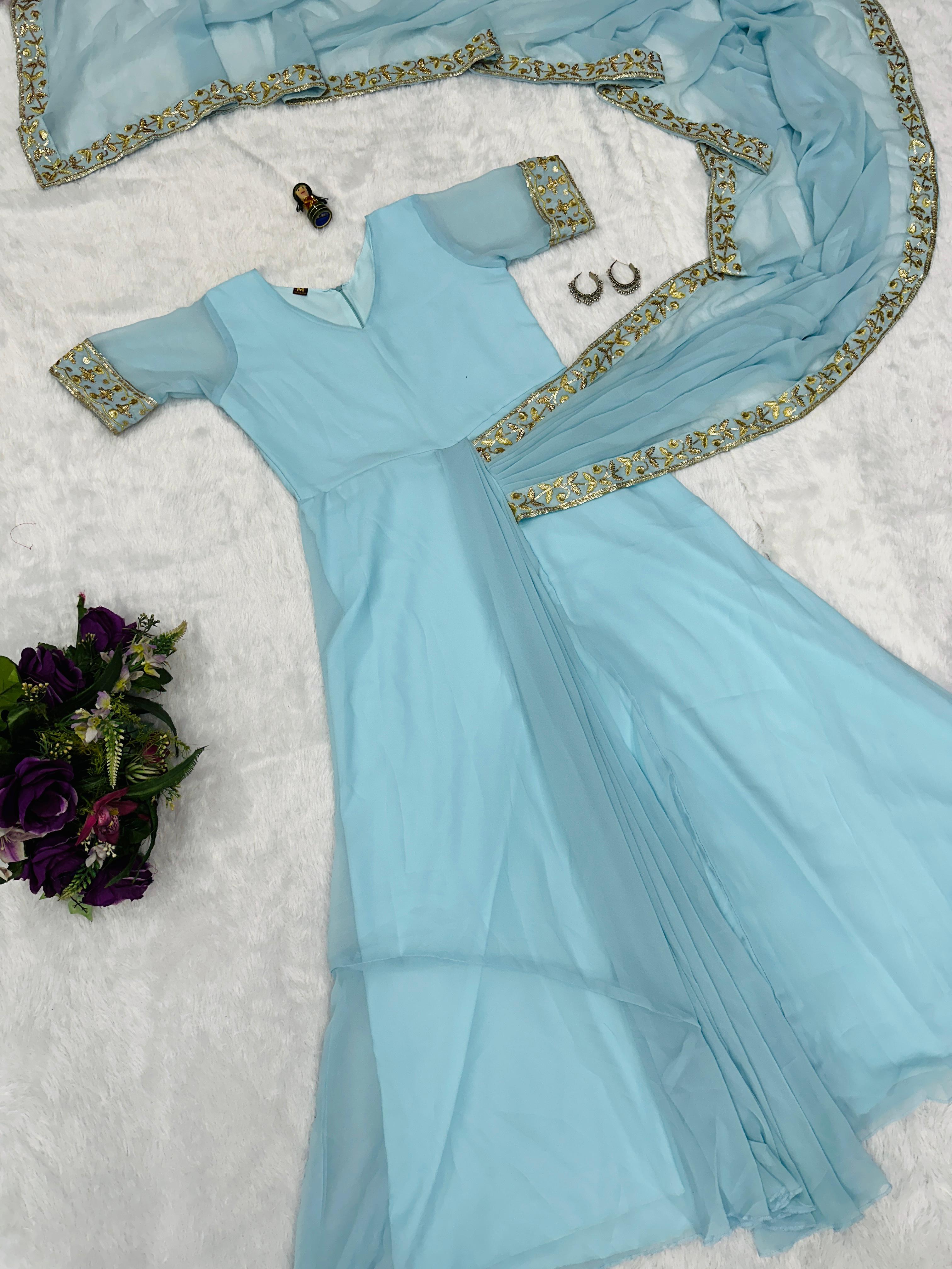 Good Looking Embroidery Work Sky Blue Color Saree Gown