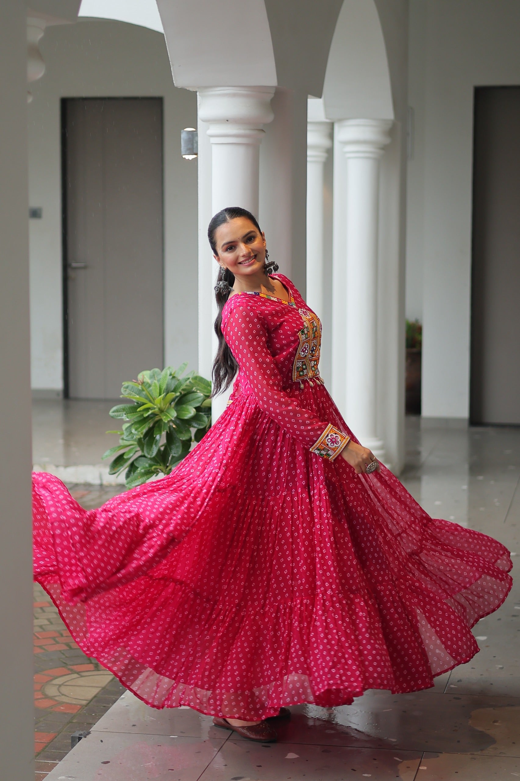 Lovely Pink Color Bandhani Print Navratri Special Gown