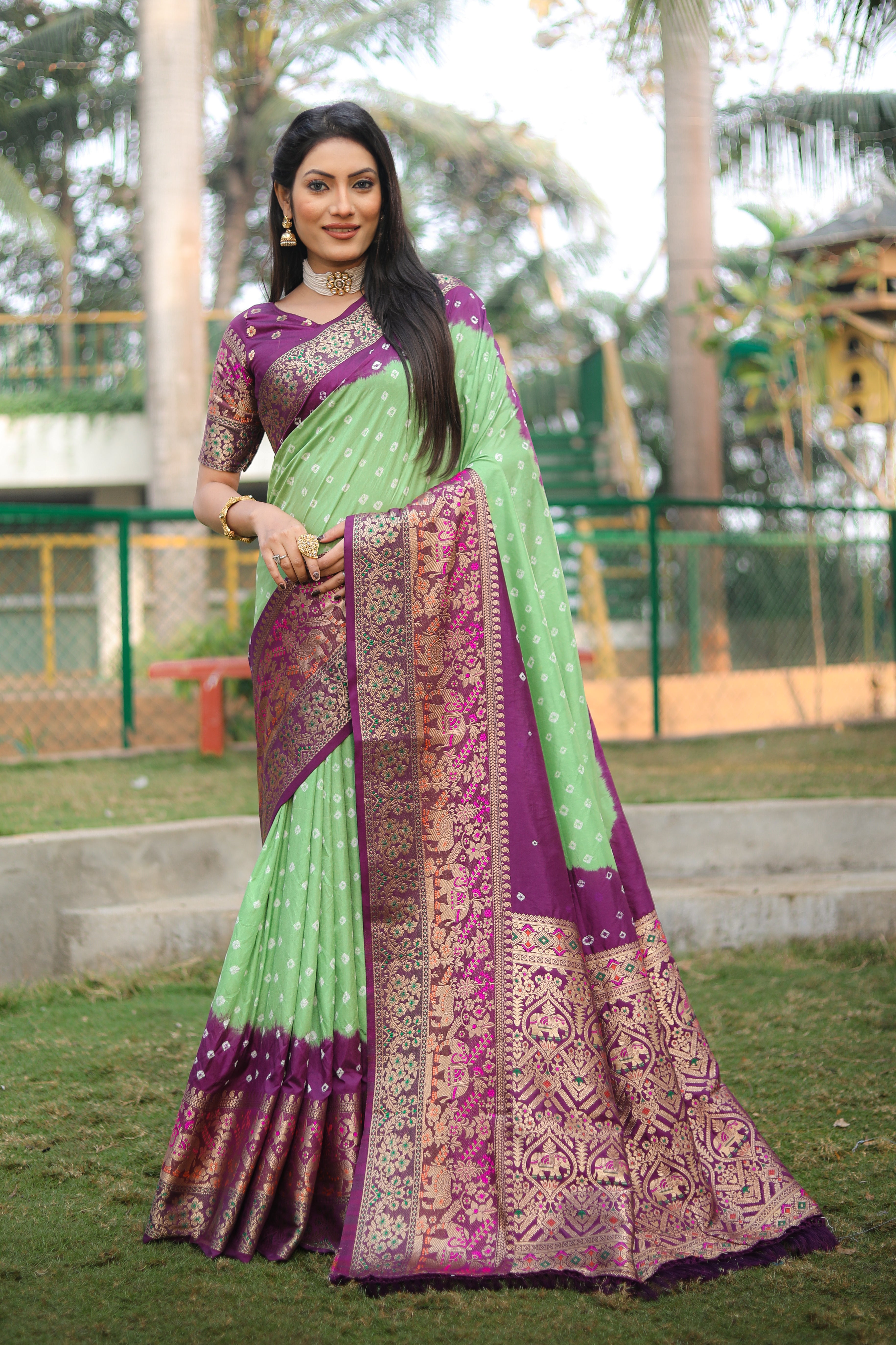 Bandhani Print Wine With Pista Zari Weaving Silk Saree