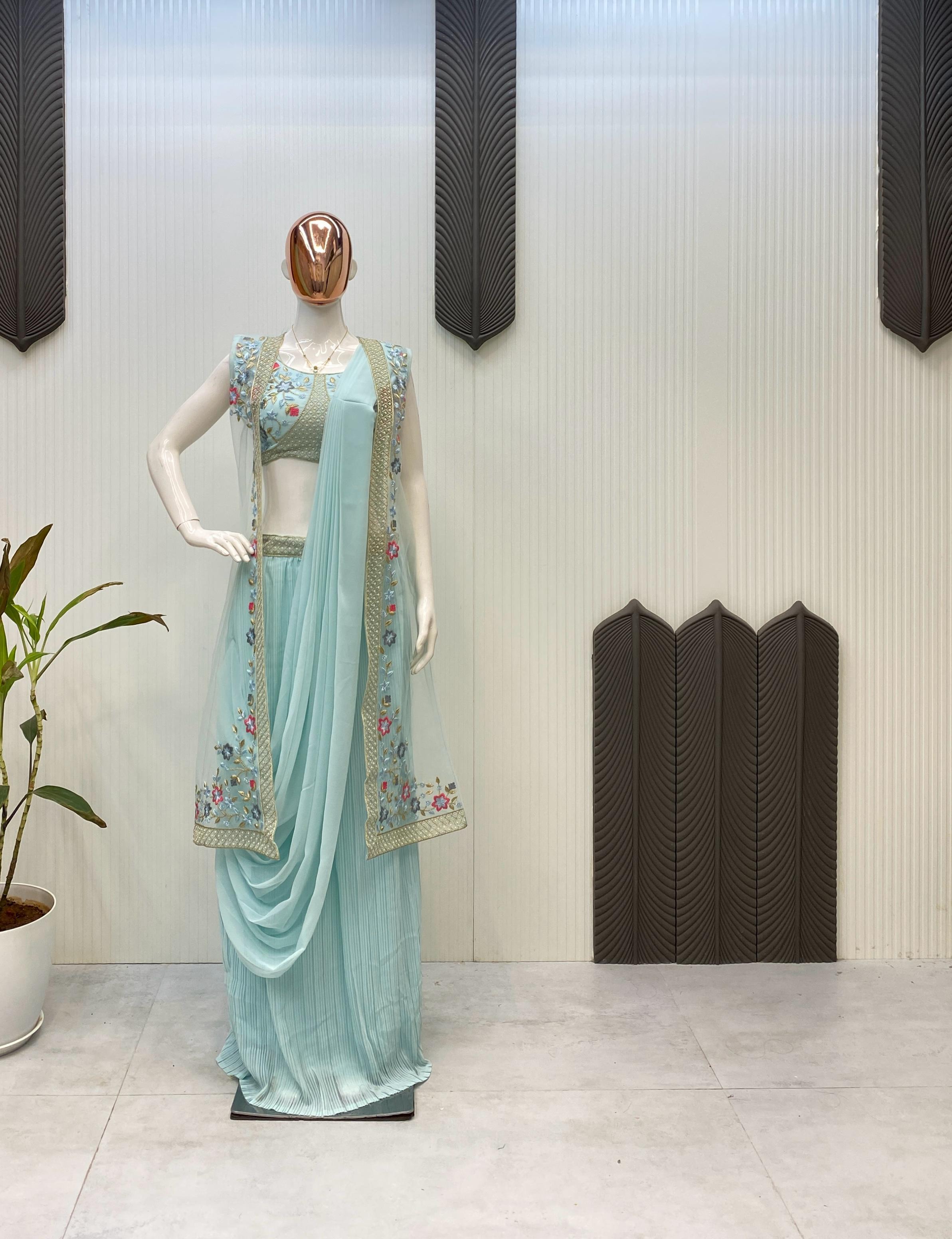 Function Wear Georgette Sky Blue Color Lehenga Saree With Koti