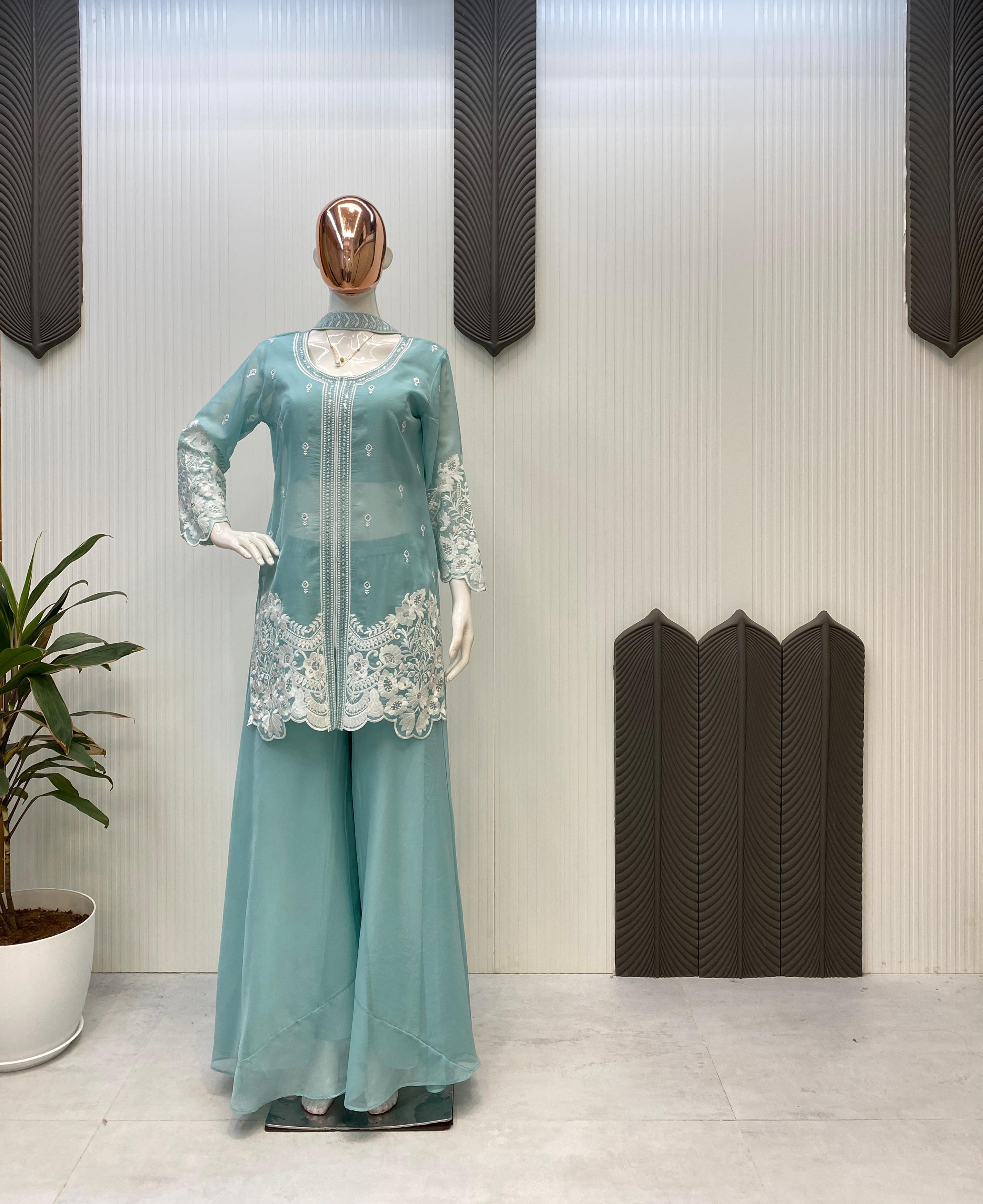 Glimmering Sequence Embroidery Work Sky Blue Color Palazzo Suit