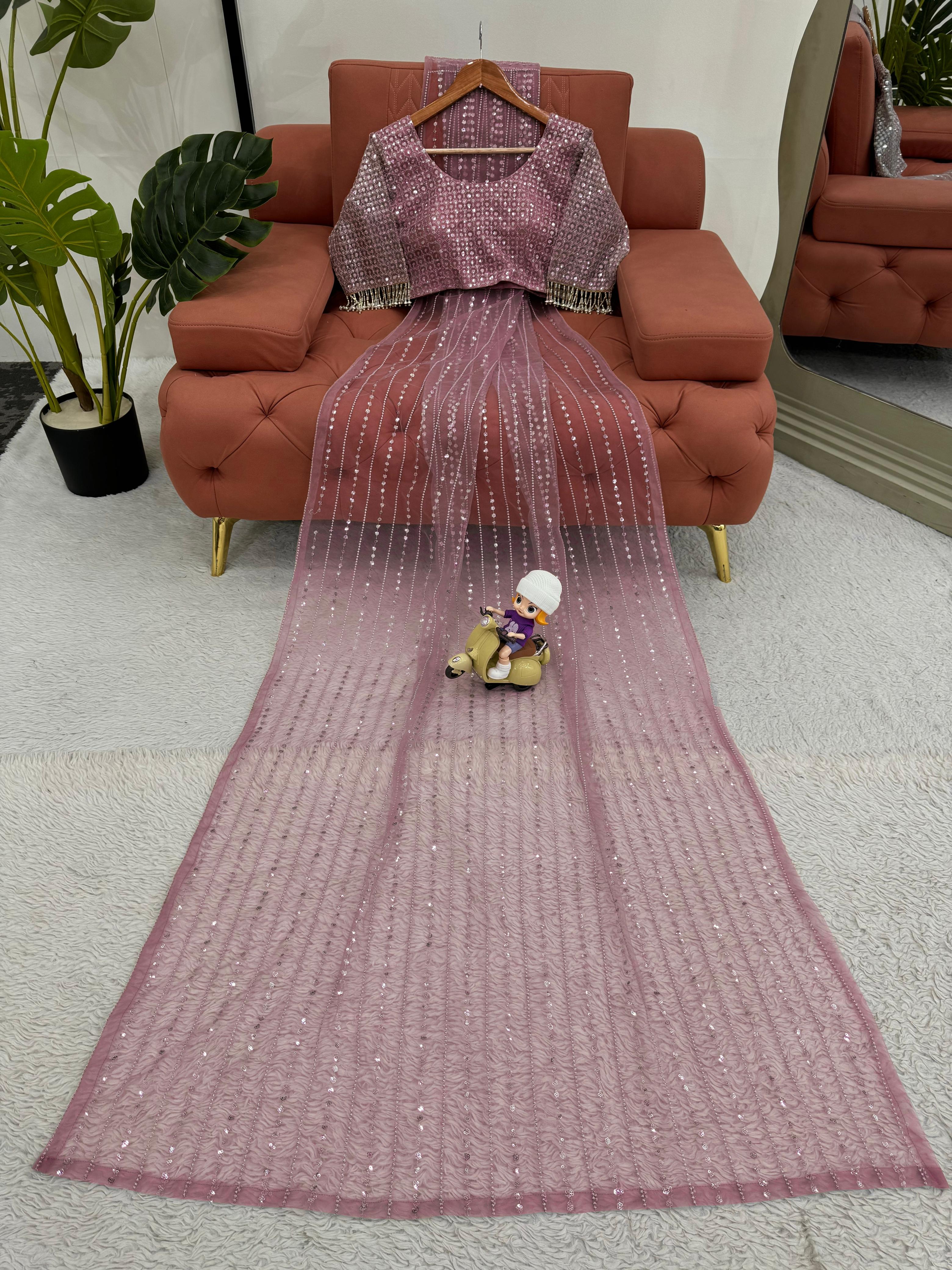 Thread With Sequence Work Pink Color Net Saree