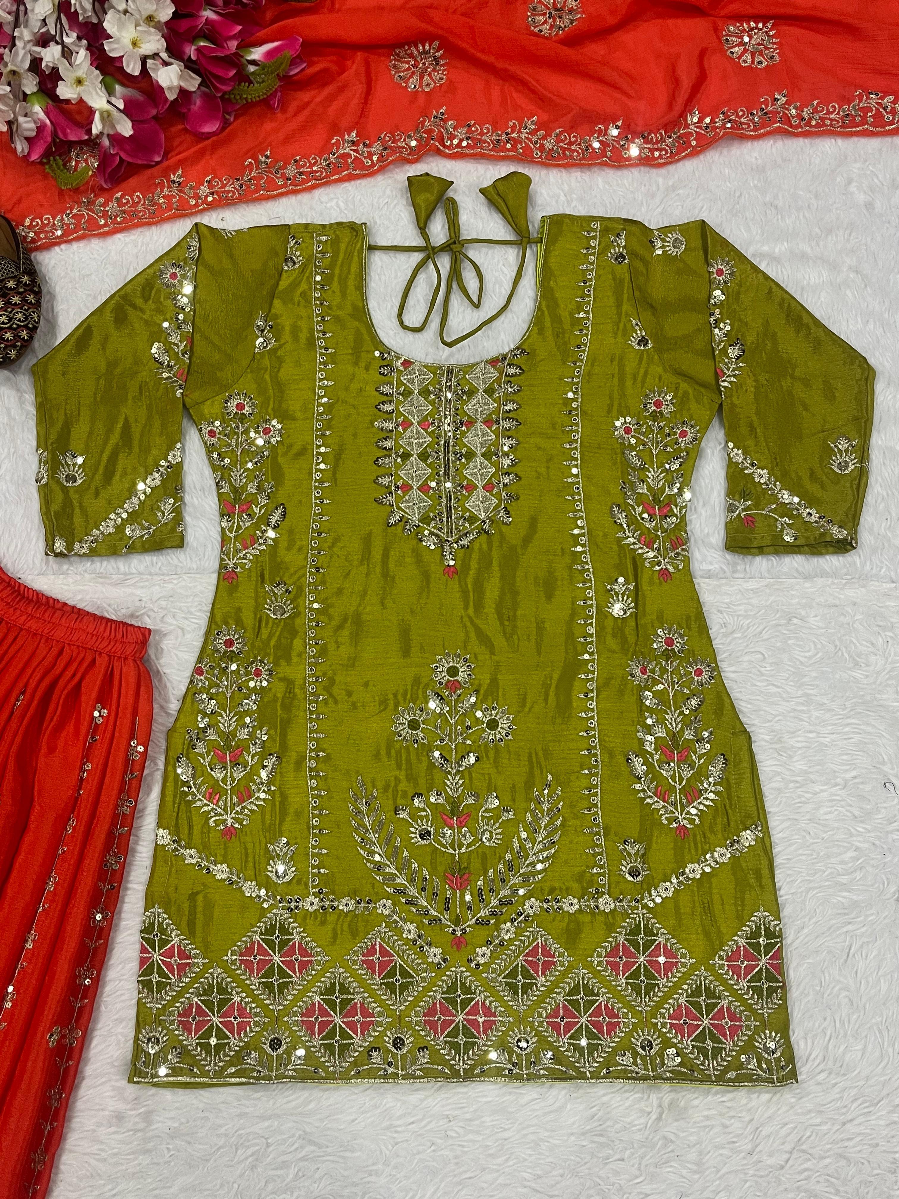 Beautiful Green Georgette Sequence Work Palazzo Suit