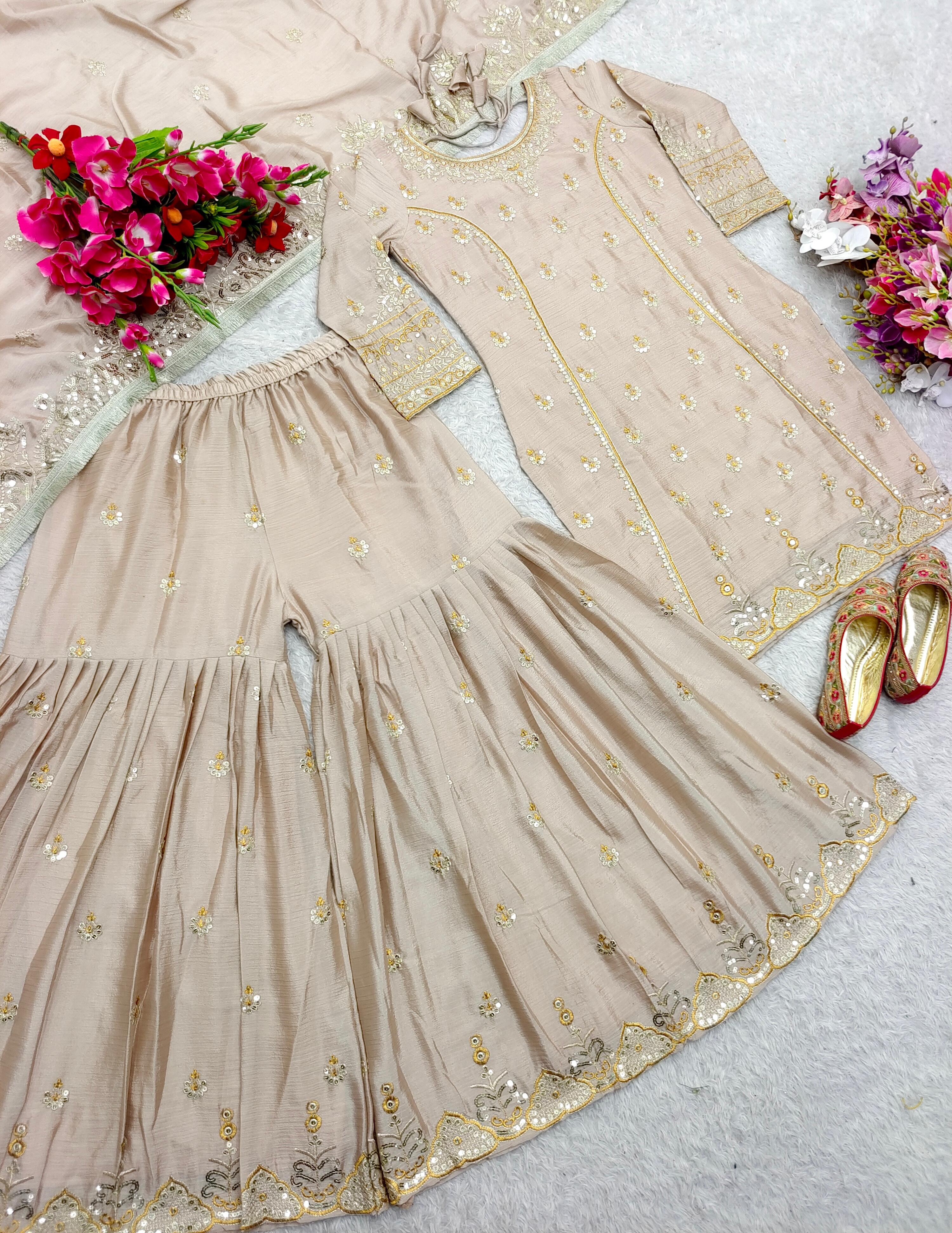Beige Color Embroidery Work Alluring Sharara Suit