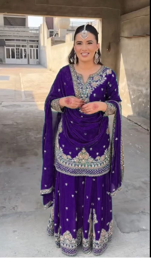 Wonderful Chinon Silk Purple Color Palazzo Suit