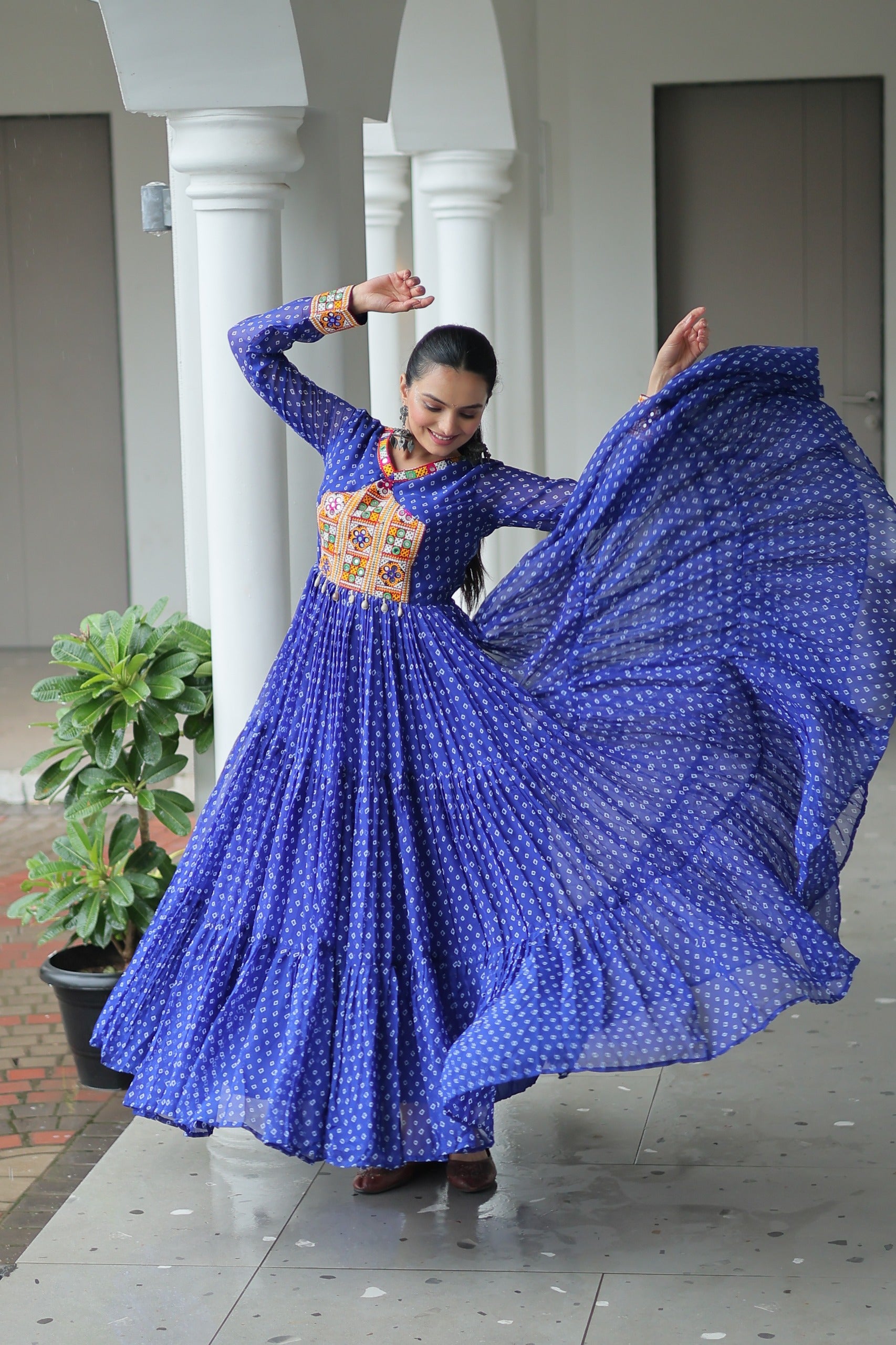 Lovely Blue Color Bandhani Print Navratri Special Gown