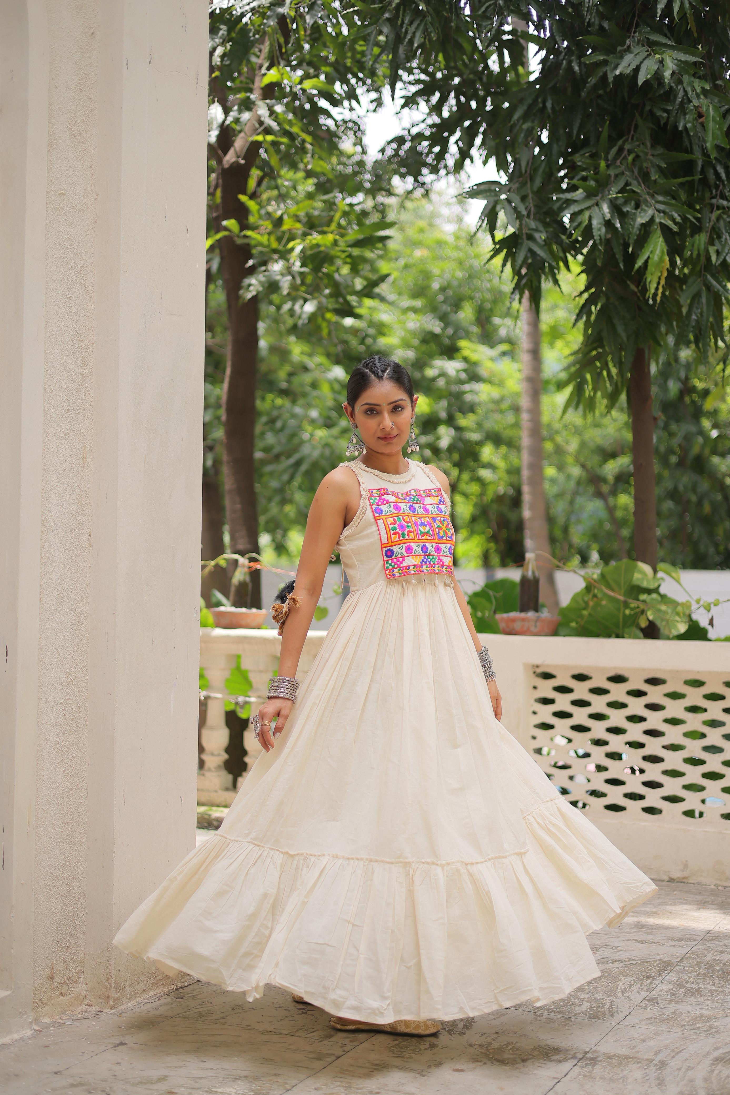 Stylish Off-White Cotton Embroidered Gown
