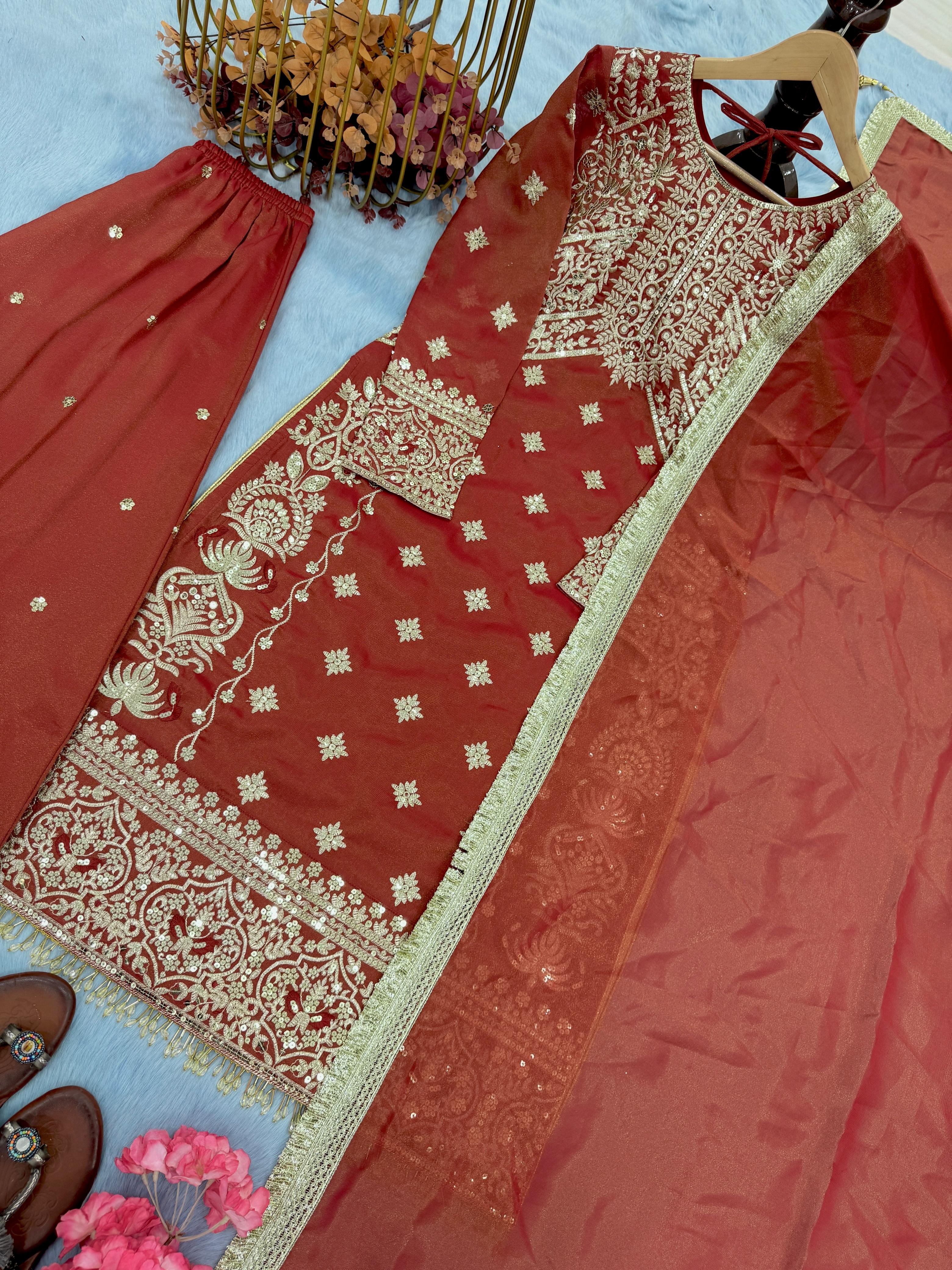 Lovely Banarasi Silk Sequence Work Orange Color Sharara Suit