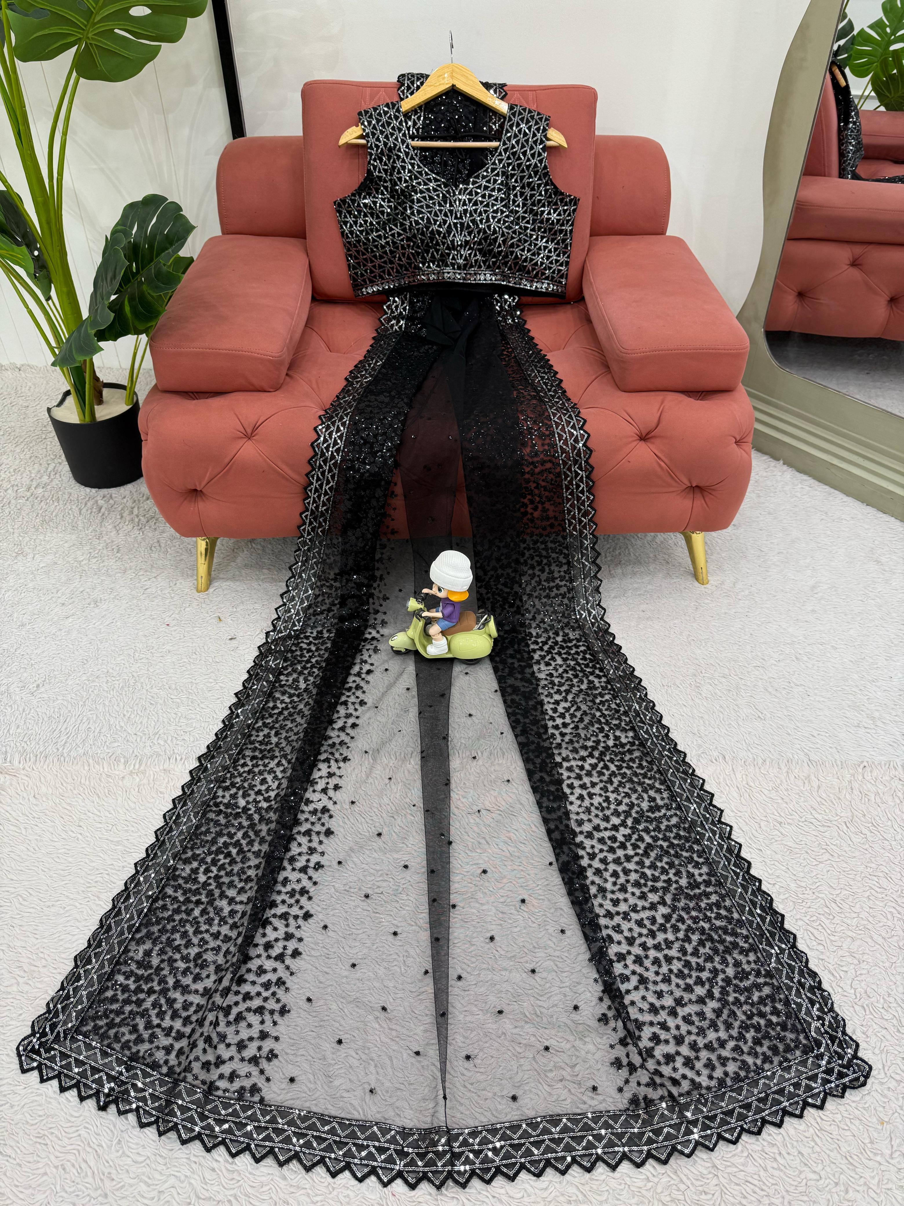Glimmering Soft Net Sequence Work Black Color Saree